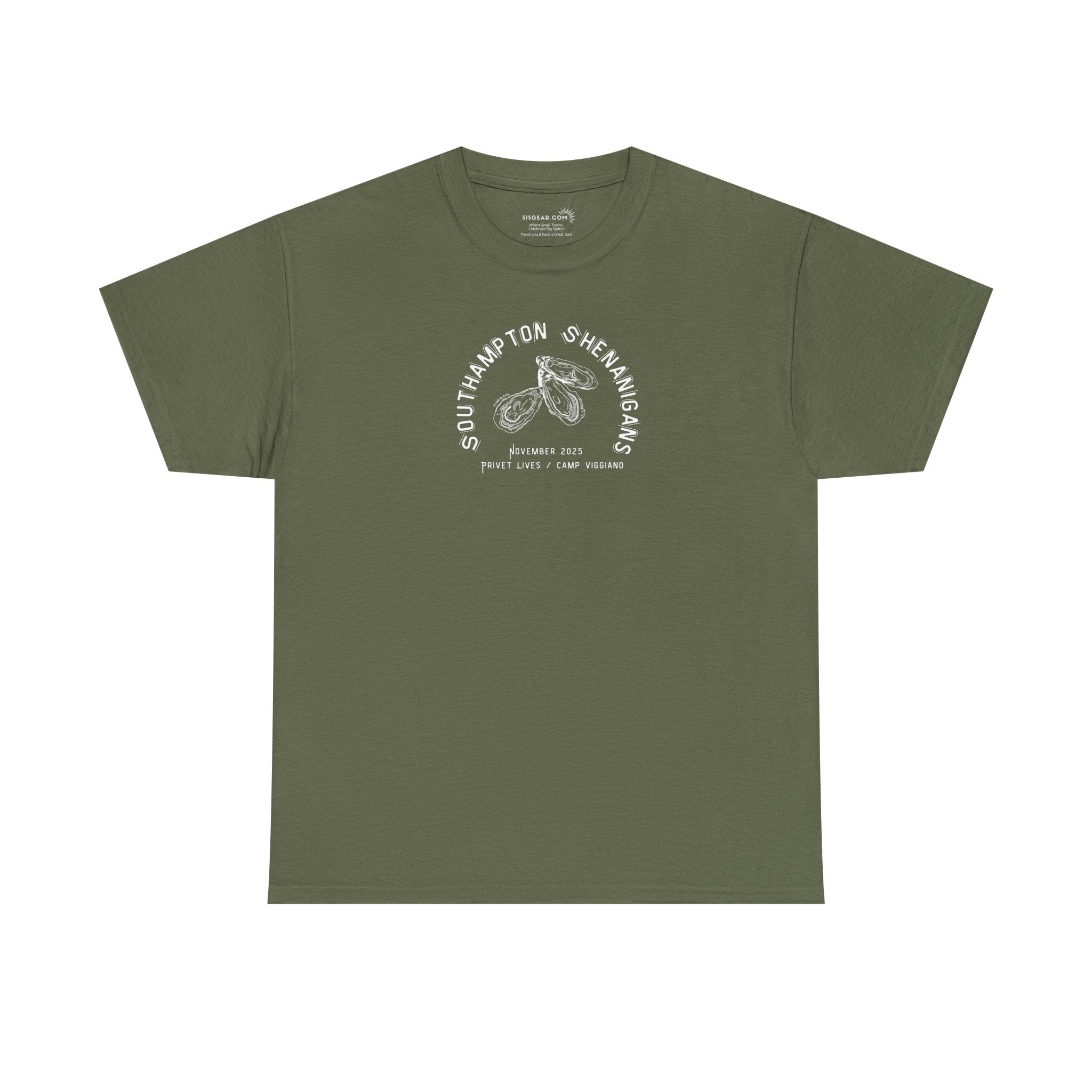 Green t-shirt with Oyster graphic and text "Southampton Shenanigans November 2025 Privet Lives Camp Viggiano"
