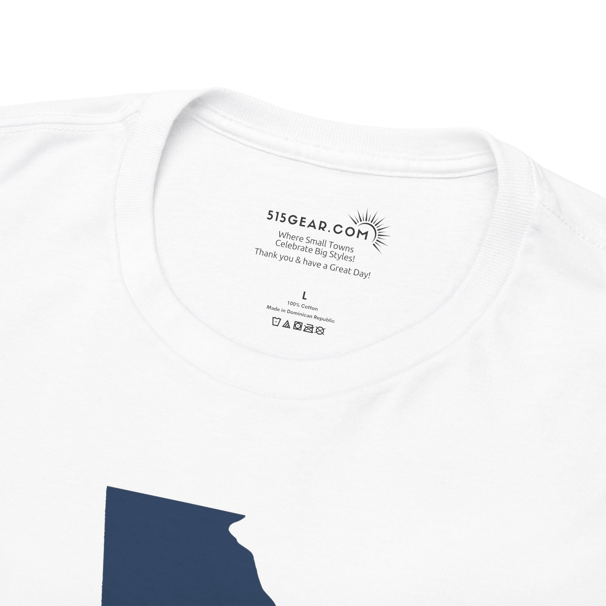 White t-shirt with blue outline of a state and 'SISGEAR.COM' text on a white background