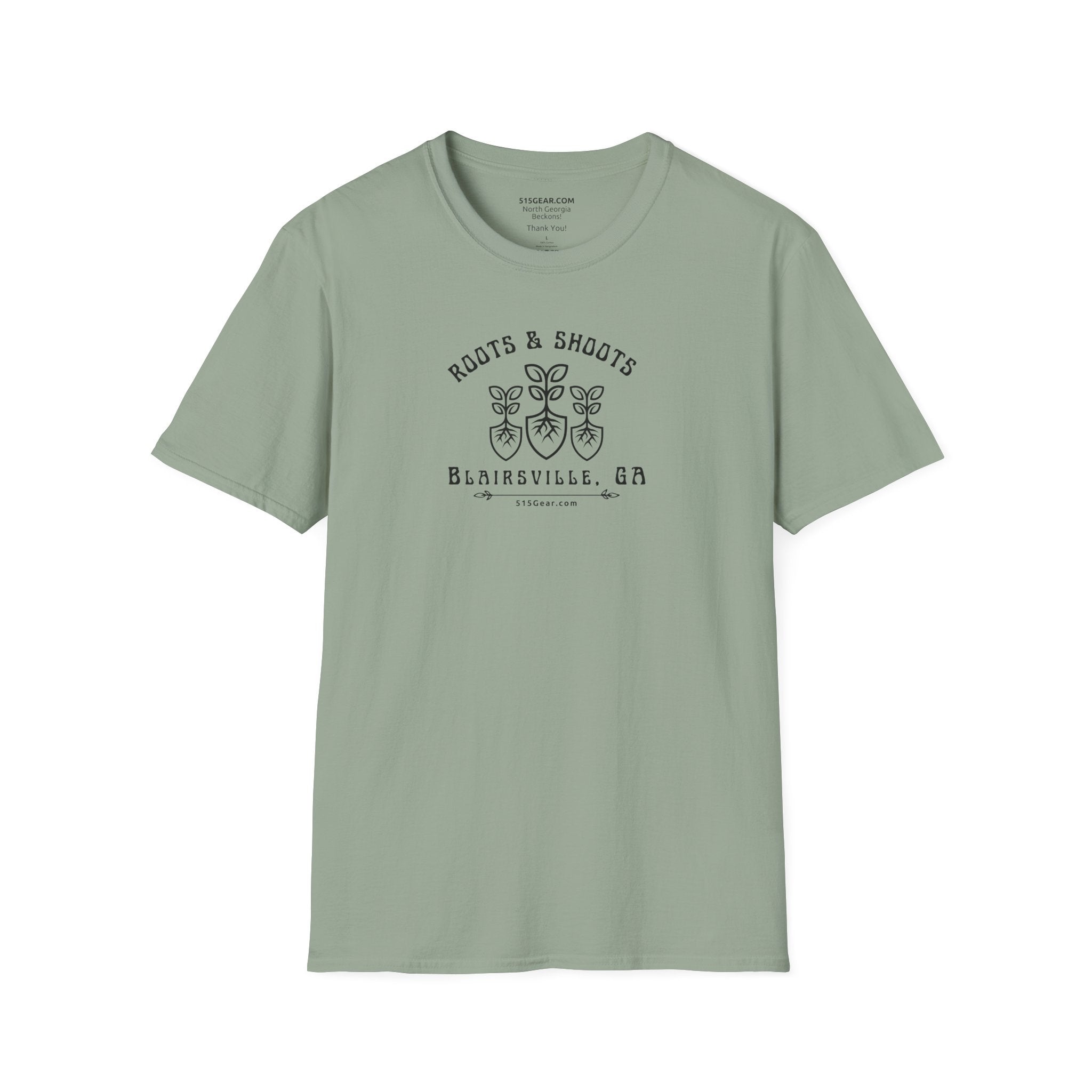 unisex adult T-shirt, Roots & Shoots, Garden shovel root leaf graphic, 515Gear.com | Blairsville, GA | celebrate gardening