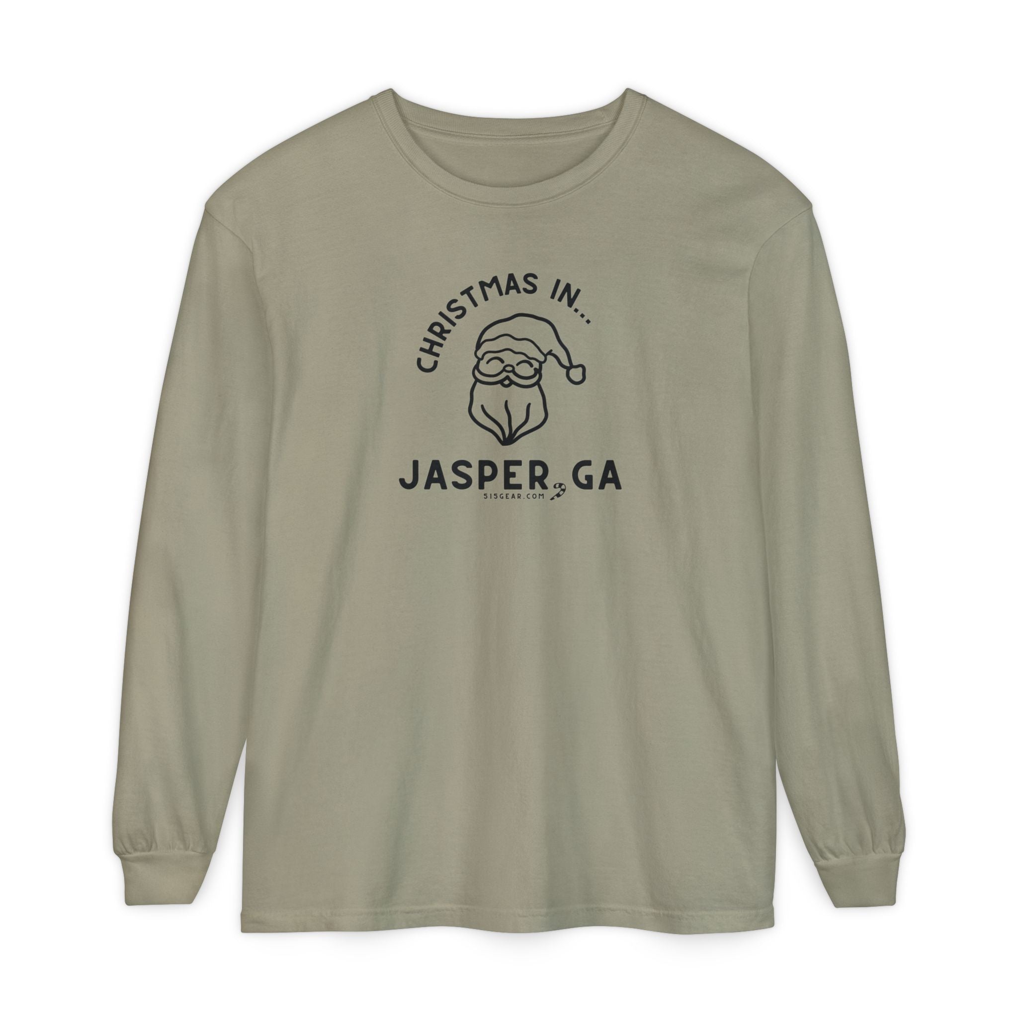 Olive Comfort Colors Long Sleeve Tee with red Santa Claus graphic and "Jasper, GA" text by 515Gear.com
