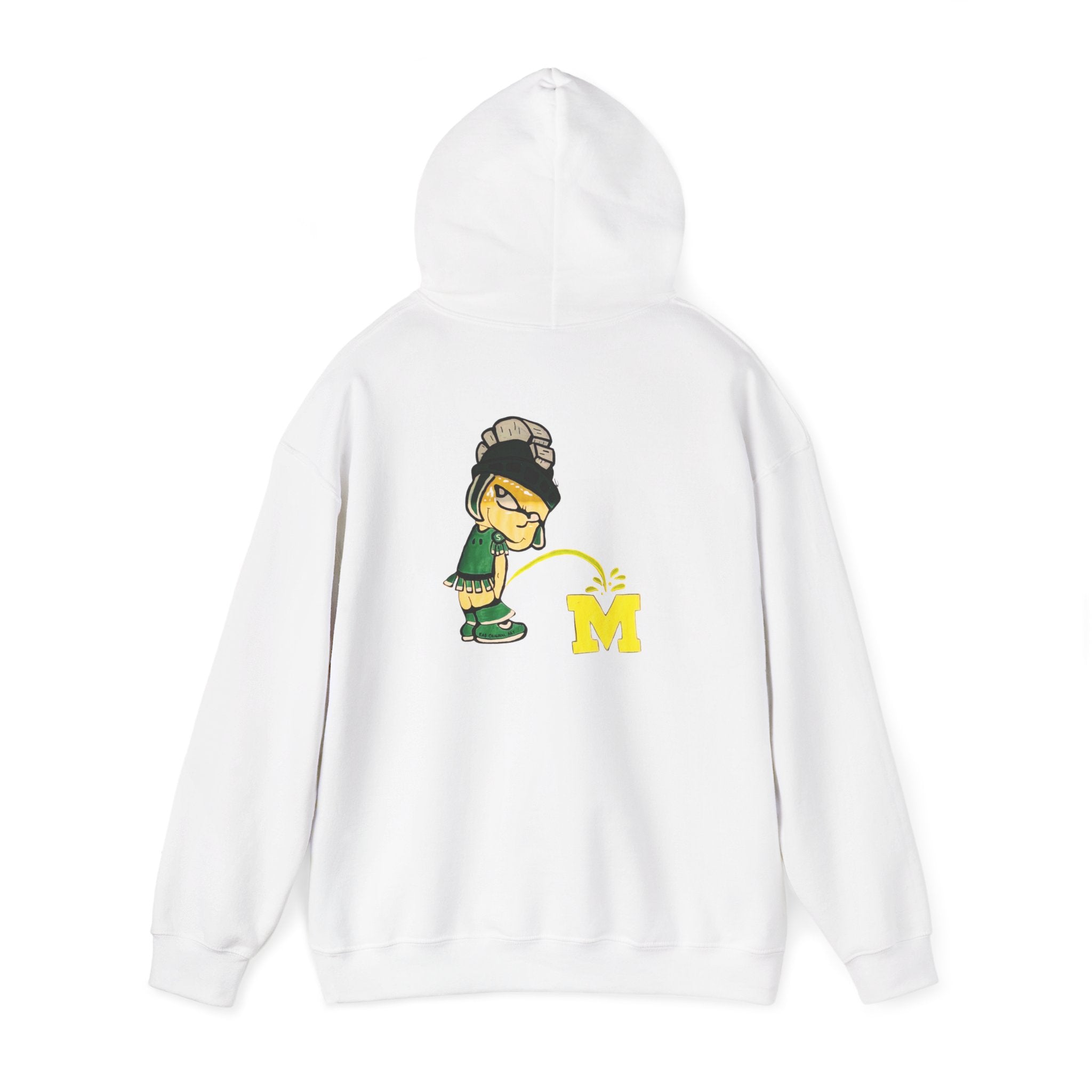 White hoodie with Sparty cartoon character peeing on a block M