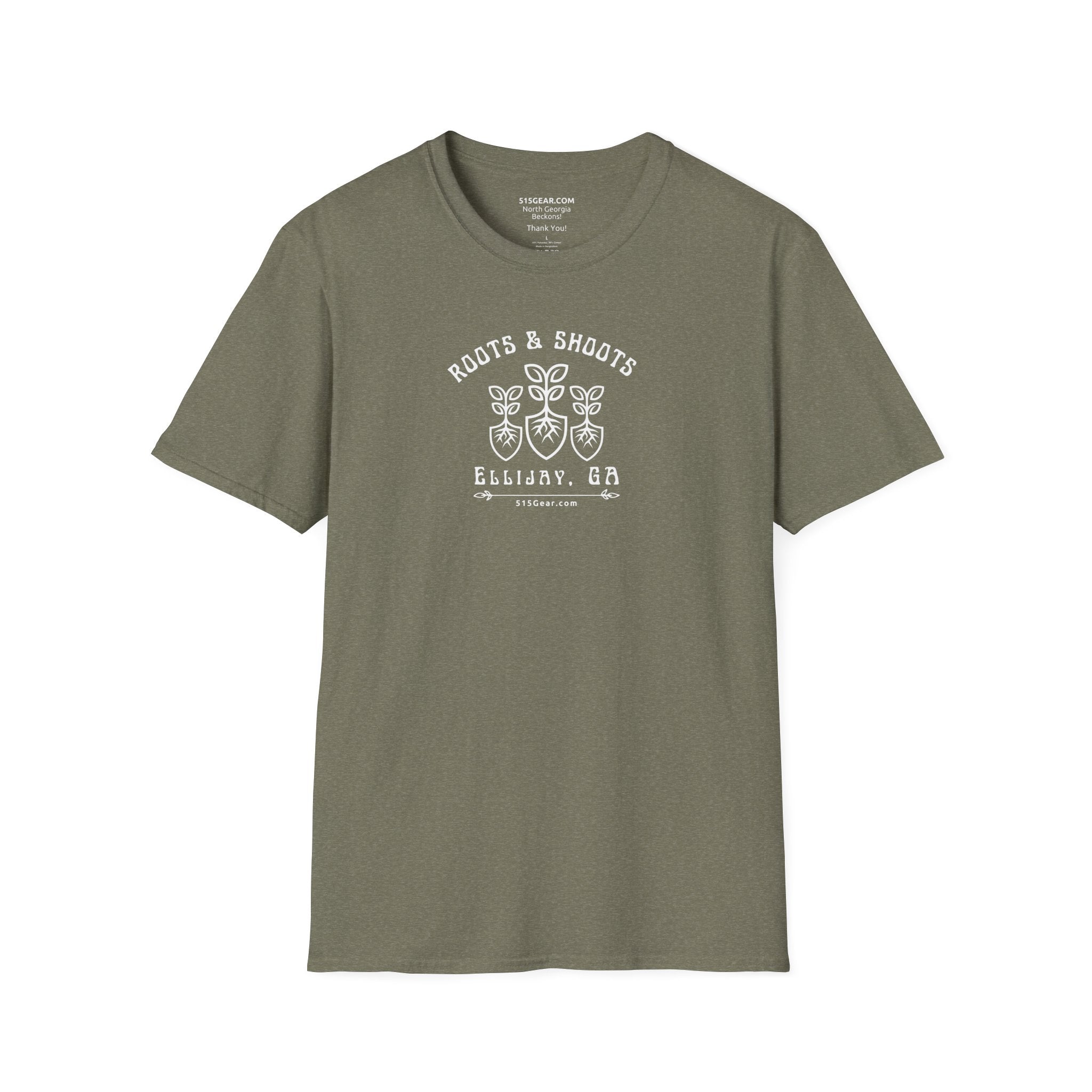 unisex adult T-shirt, Roots & Shoots, Garden shovel root leaf graphic, 515Gear.com | Ellijay, GA | celebrate gardening