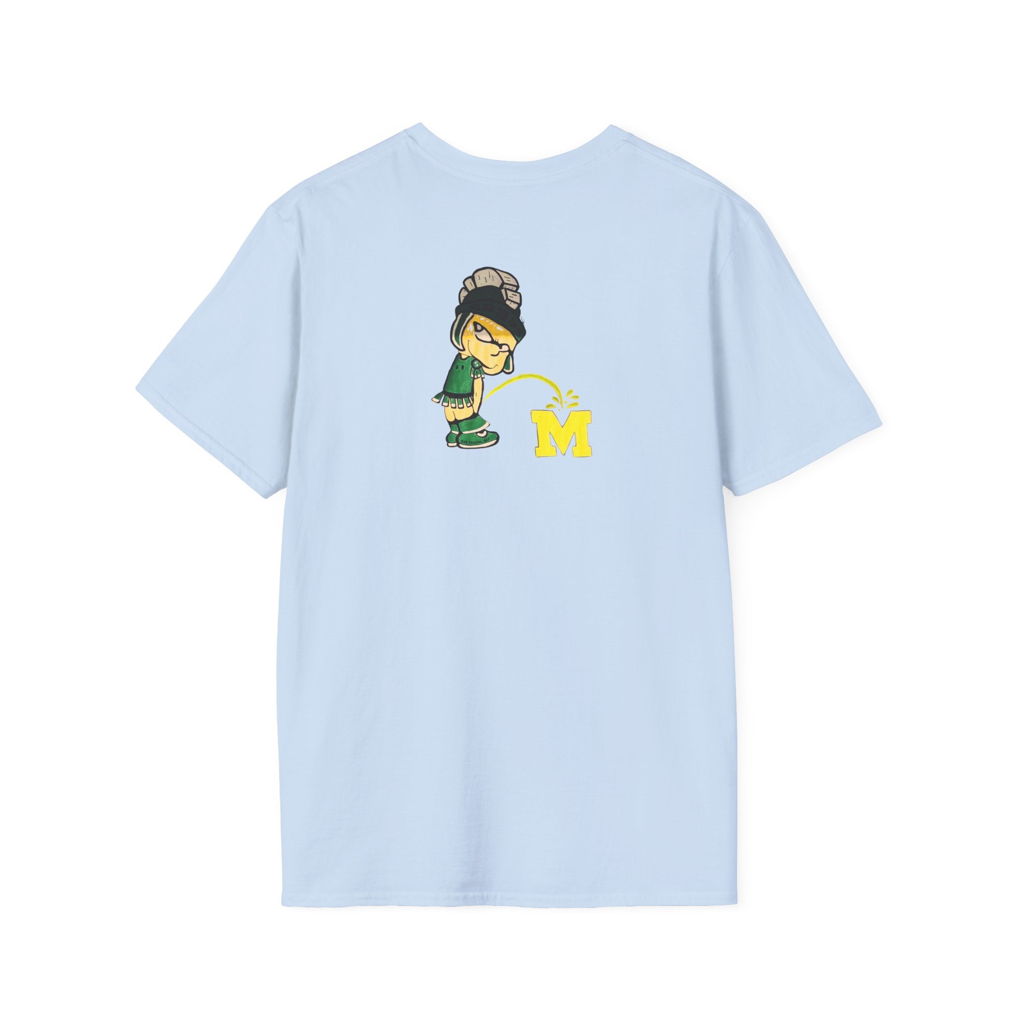 Light blue t-shirt with cartoon Sparty peeing with text Always Spartan