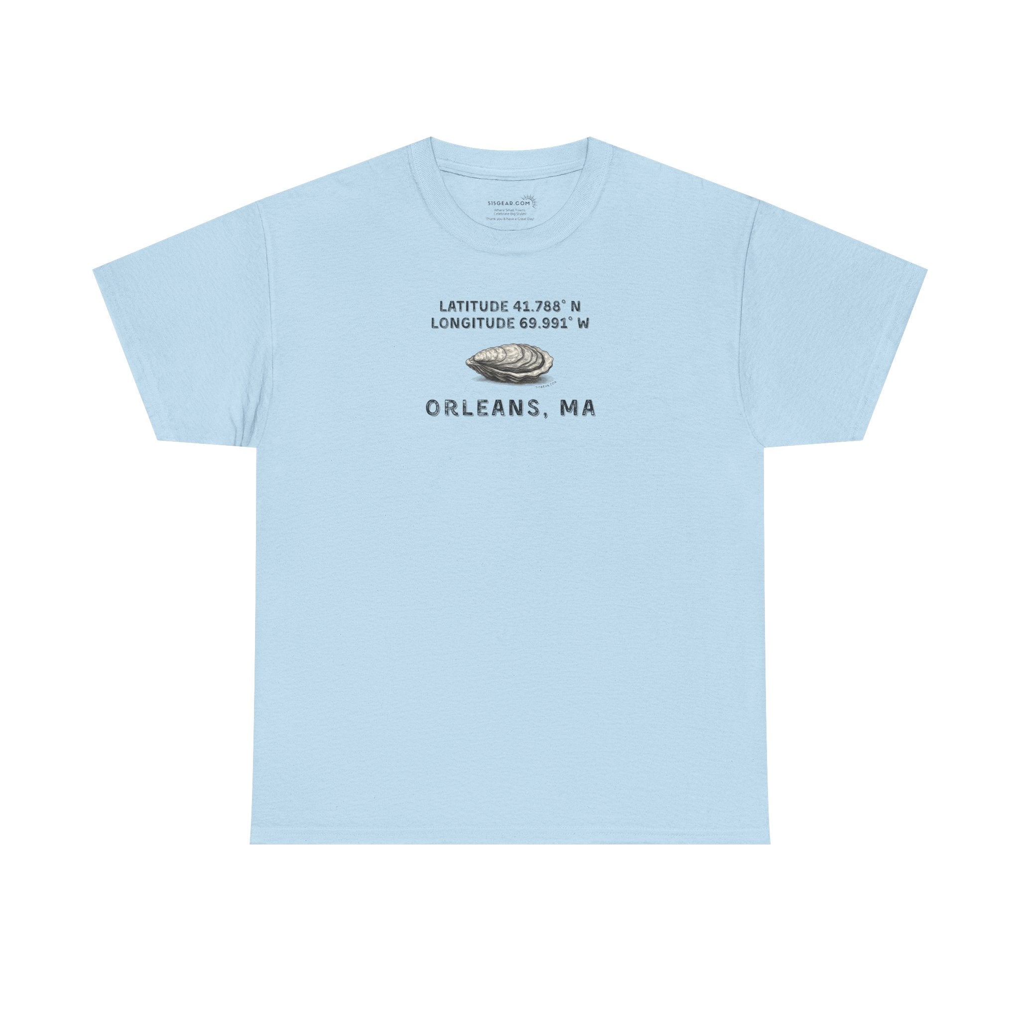 Light blue t-shirt with oyster graphic and rustic text "Latitude 41.788 N, Longitude 69.991 W - Orleans, MA"
