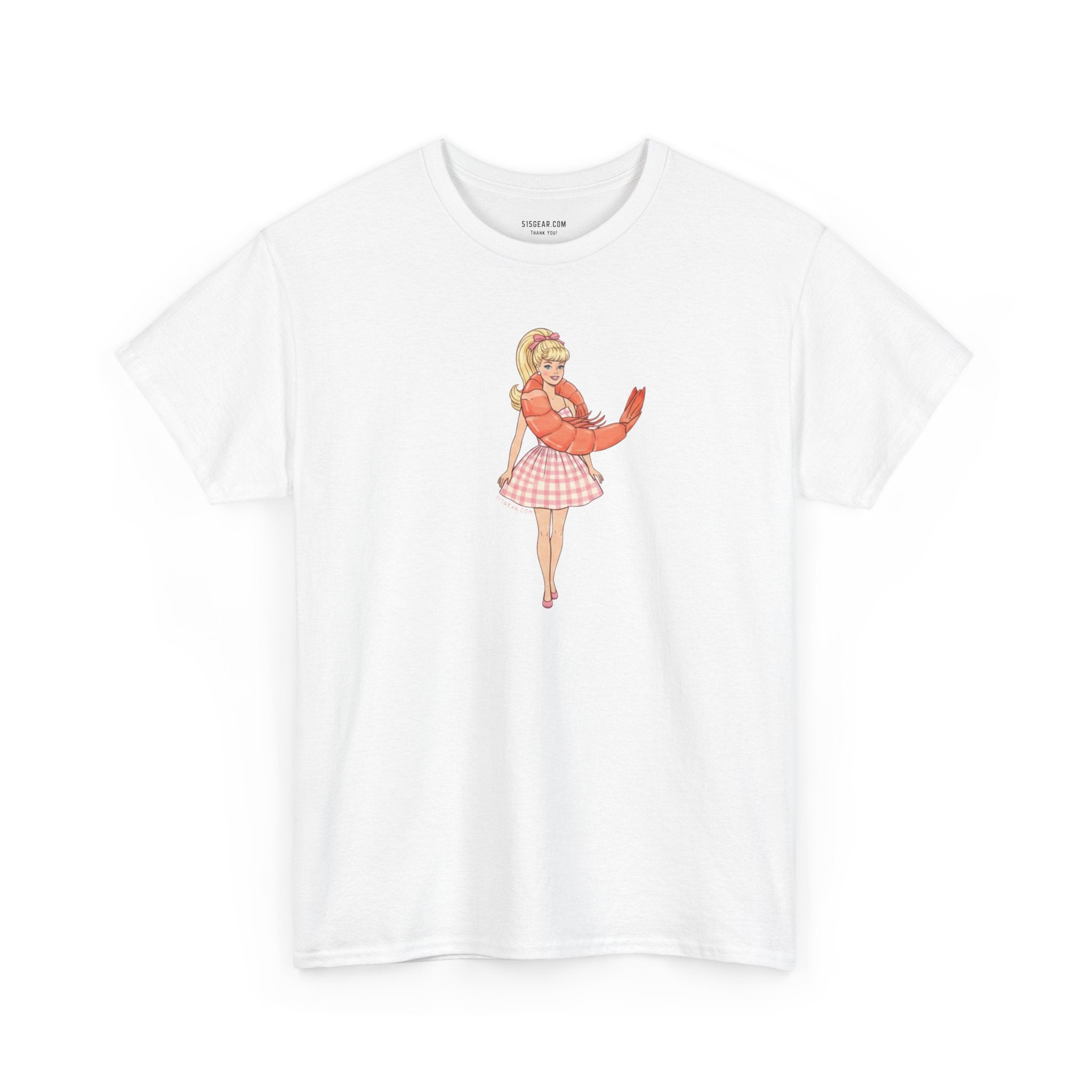 White unisex Gildan 100% cotton tee with Barbie wearing a shrimp graphic as a "Shrimp on the Barbie" pun
