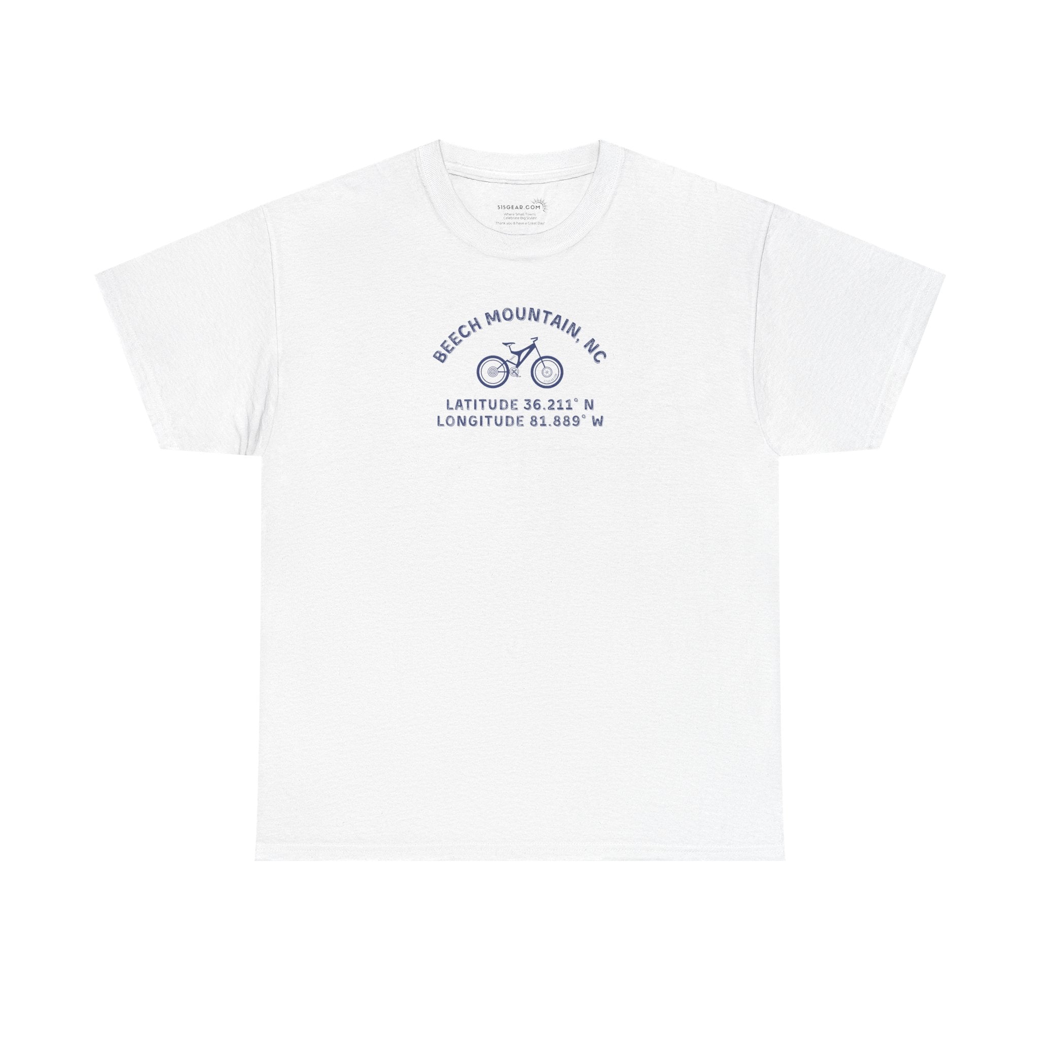 White t-shirt with mountain bike graphic and text "Beech Mountain, NC - Latitude and Longitude" coordinates