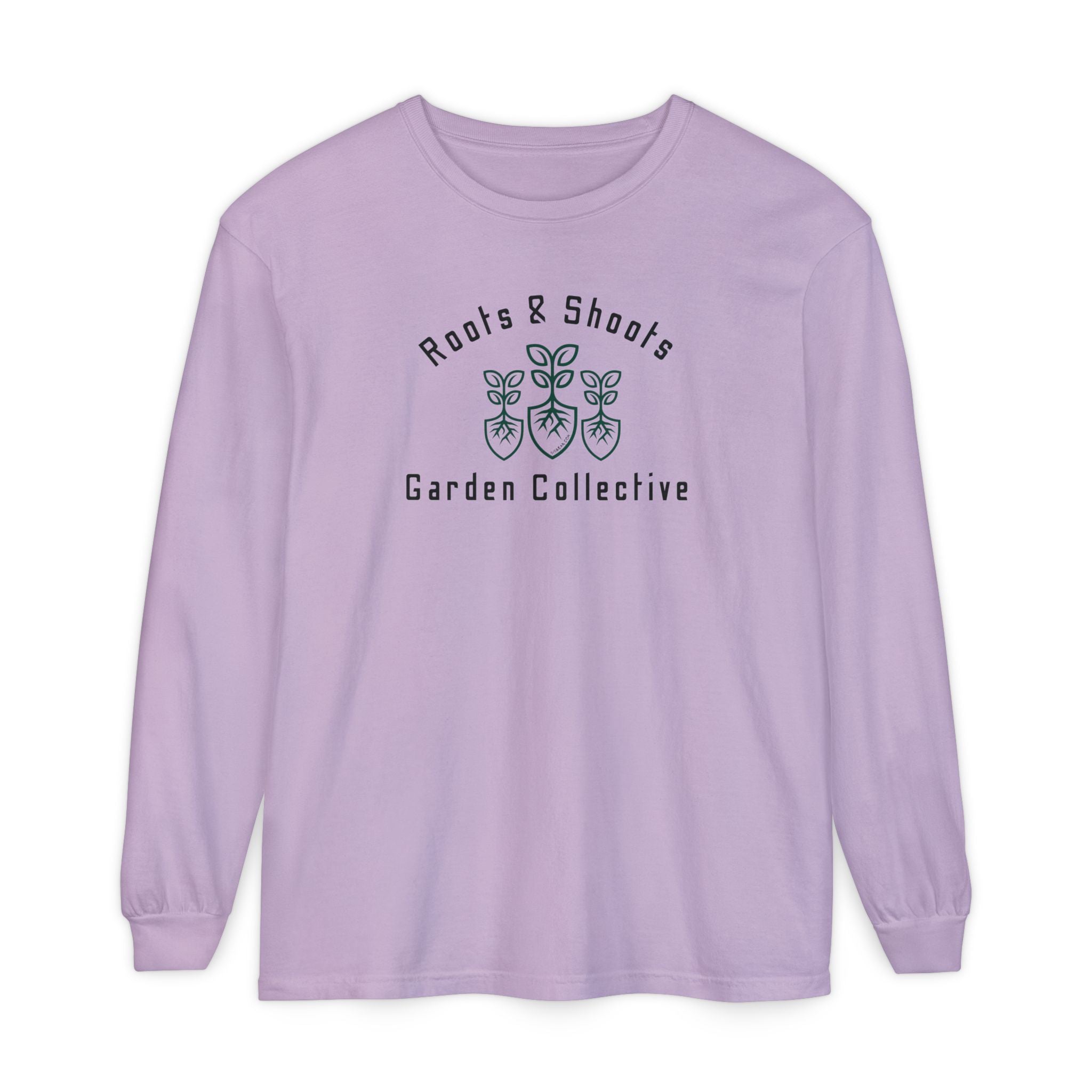 Purple long-sleeve shirt with 'Roots & Shoots Garden Collective' logo on a white background