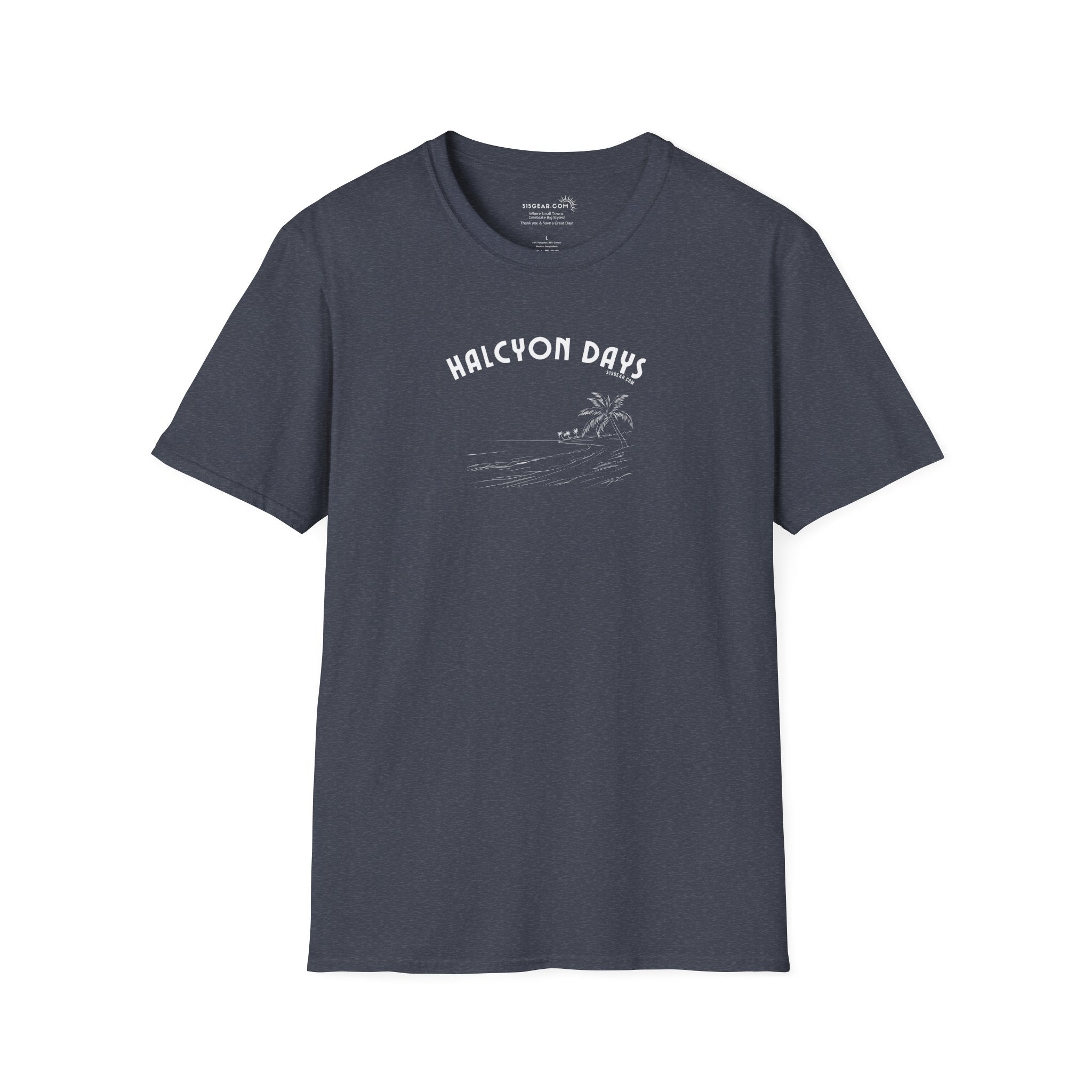 Gray unisex t-shirt with 'Halcyon Days' text and palm tree beach graphic