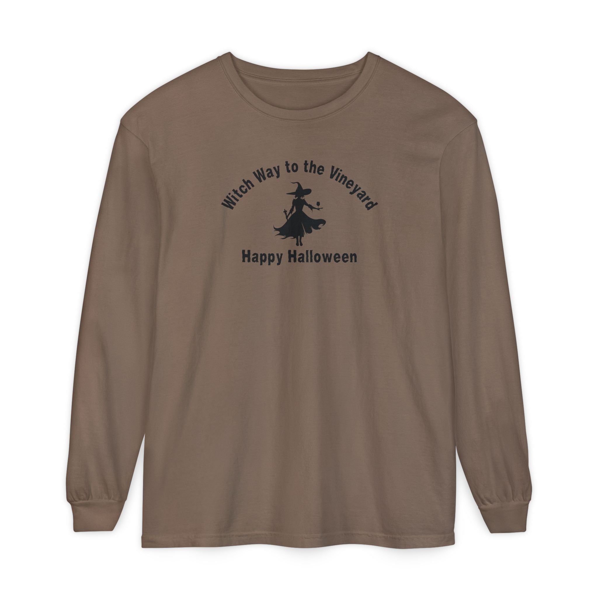 Brown long-sleeve unisex comfort color t-shirt with halloween witch graphic holding a wine glass and text "Witch Way to the Vineyard - Happy Halloween"
