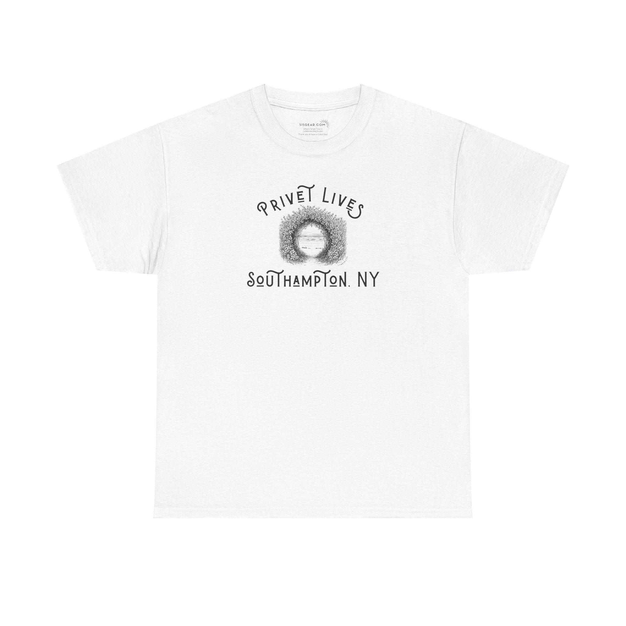 White t-shirt with privet beach pathway illustration and text "Privet Lives - Southampton, NY"