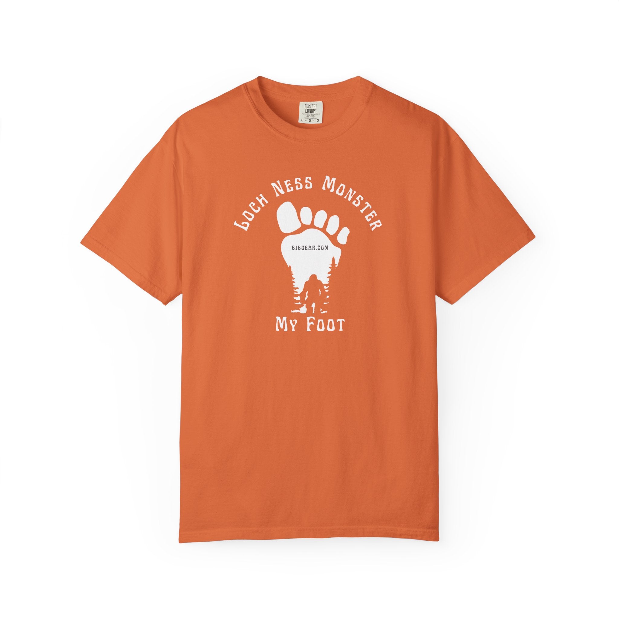 Comfort Colors orange t-shirt with black graphic of a foot with Big Foot inside and text "Loch Ness Monster My Foot" by 515Gear.com