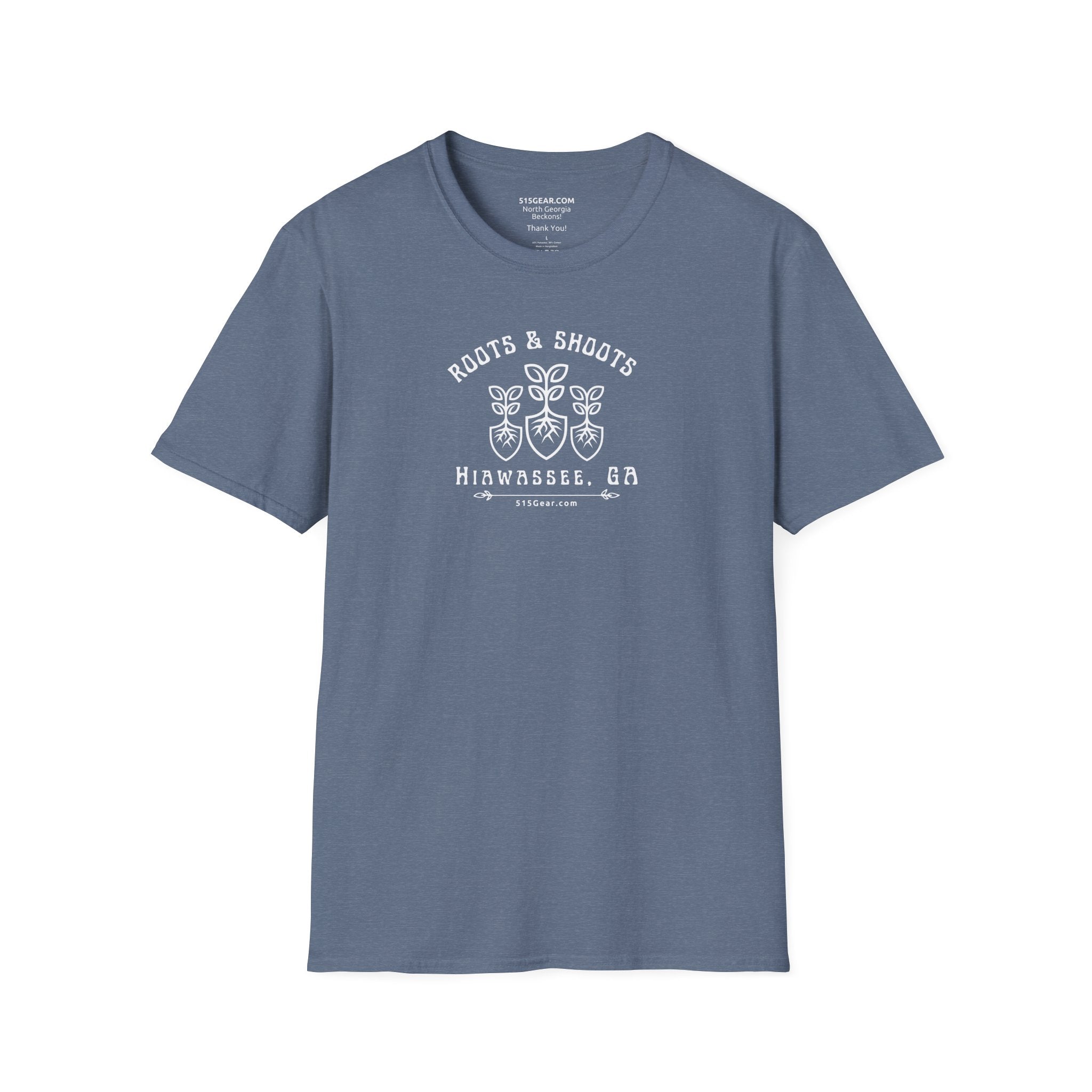 Unisex T-shirt, Roots & Shoots, Garden shovel root leaf graphic, 515Gear.com | Hiawassee, GA | celebrate gardening