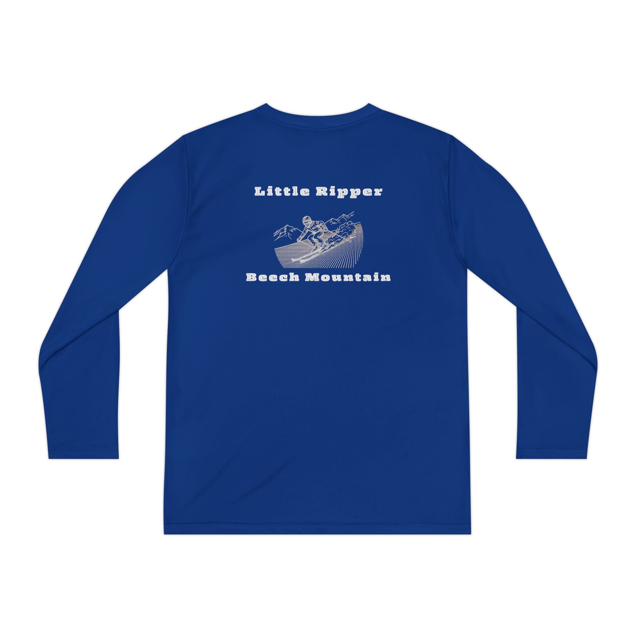 Blue long-sleeve performance tee with text "Little Ripper - Beech Mountain" with Skier shredding graphic on the back