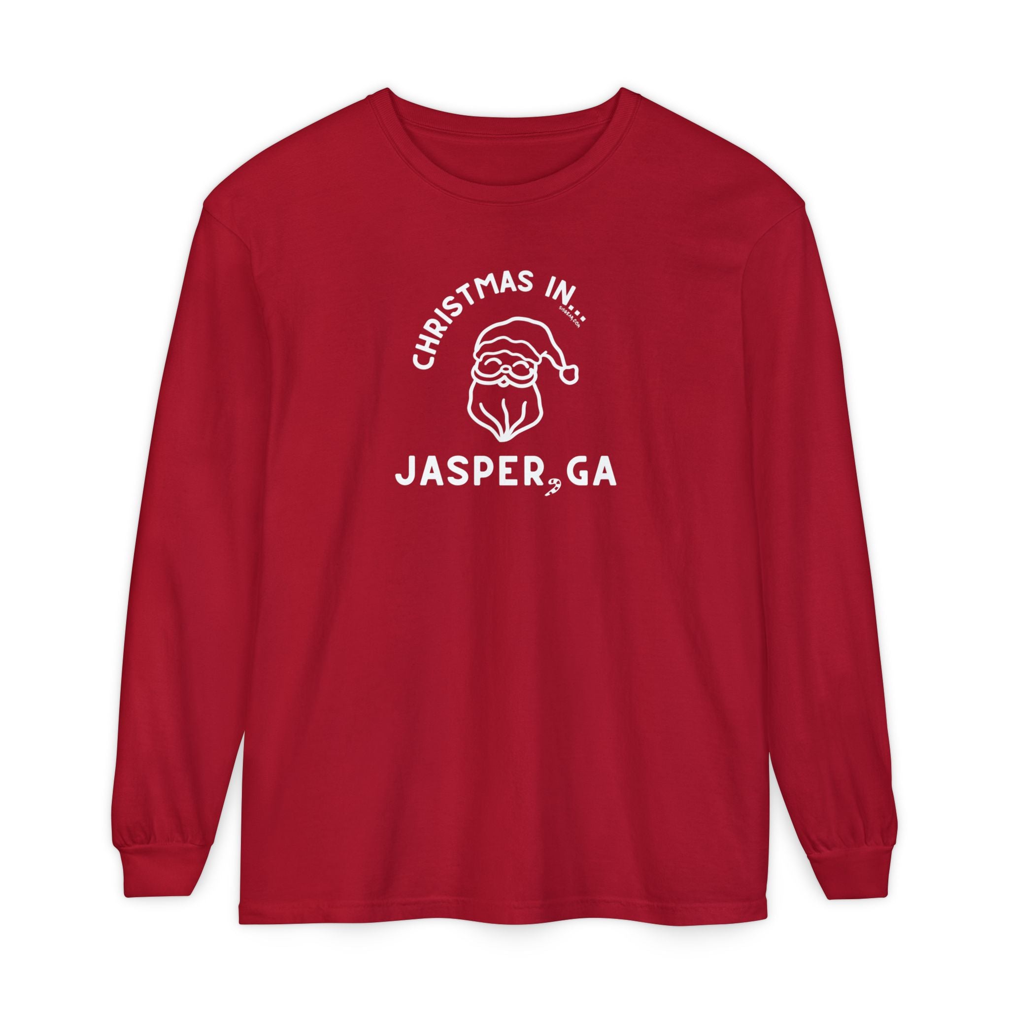 Red long-sleeve shirt with happy Santa and candy cane graphic and text "Christmas in... Jasper, GA"