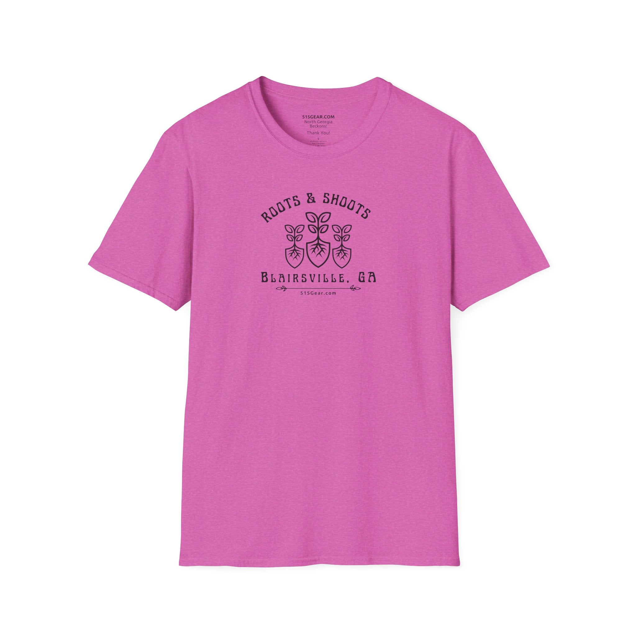 unisex adult T-shirt, Roots & Shoots, Garden shovel root leaf graphic, 515Gear.com | Blairsville, GA | celebrate gardening