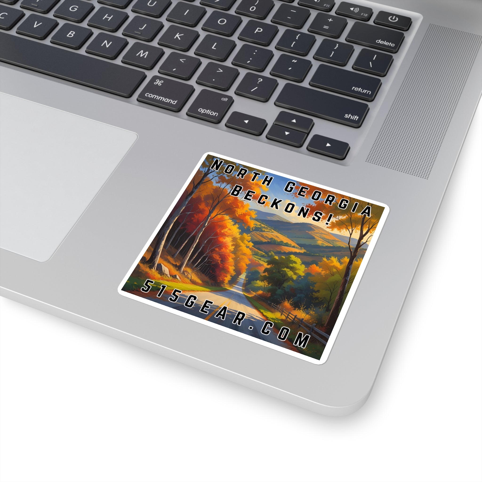 North Georgia Beckons! Square Sticker — Scenic Fall Mountain Travel Decal