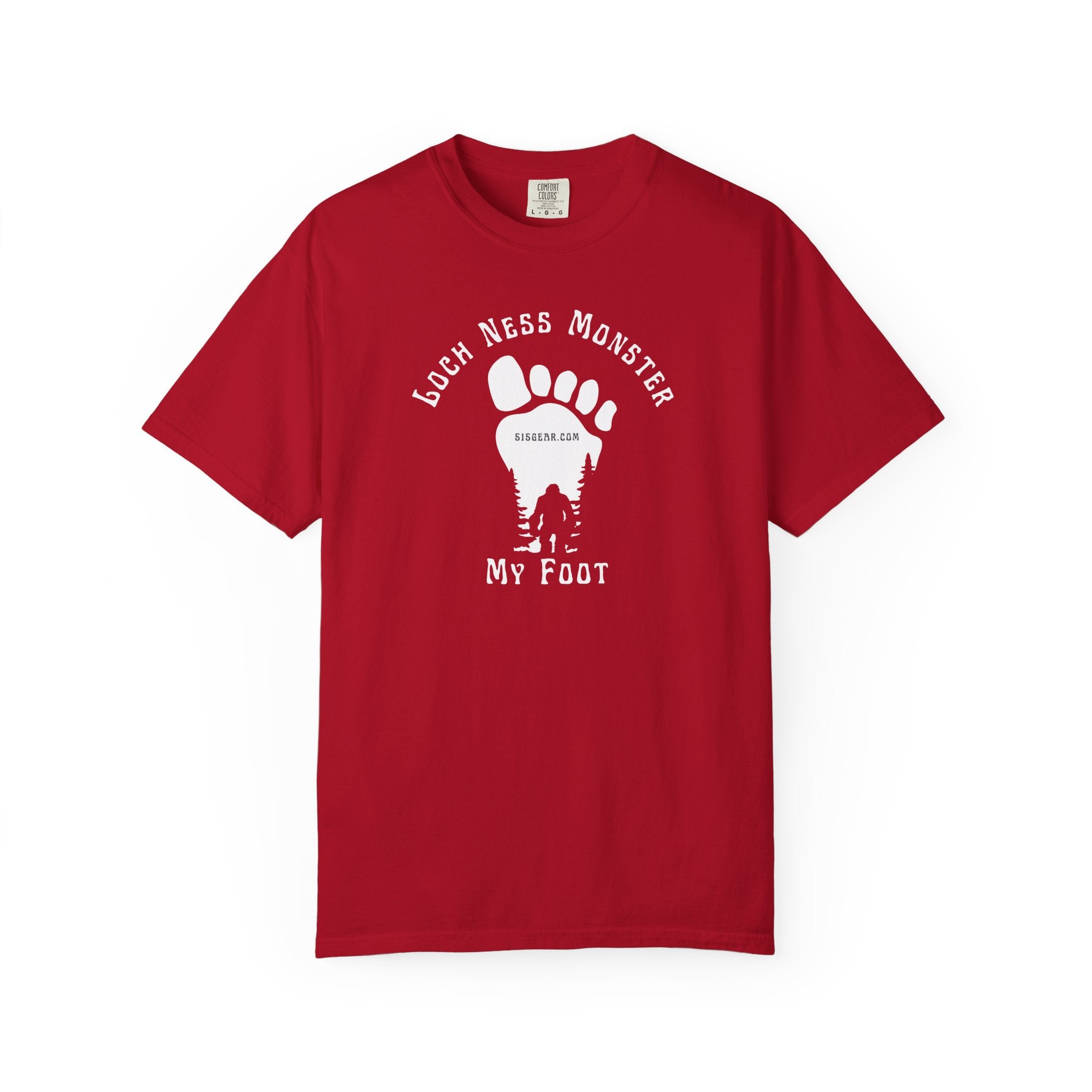 Comfort Colors red t-shirt with black graphic of a foot with Big Foot inside and text "Loch Ness Monster My Foot" by 515Gear.com