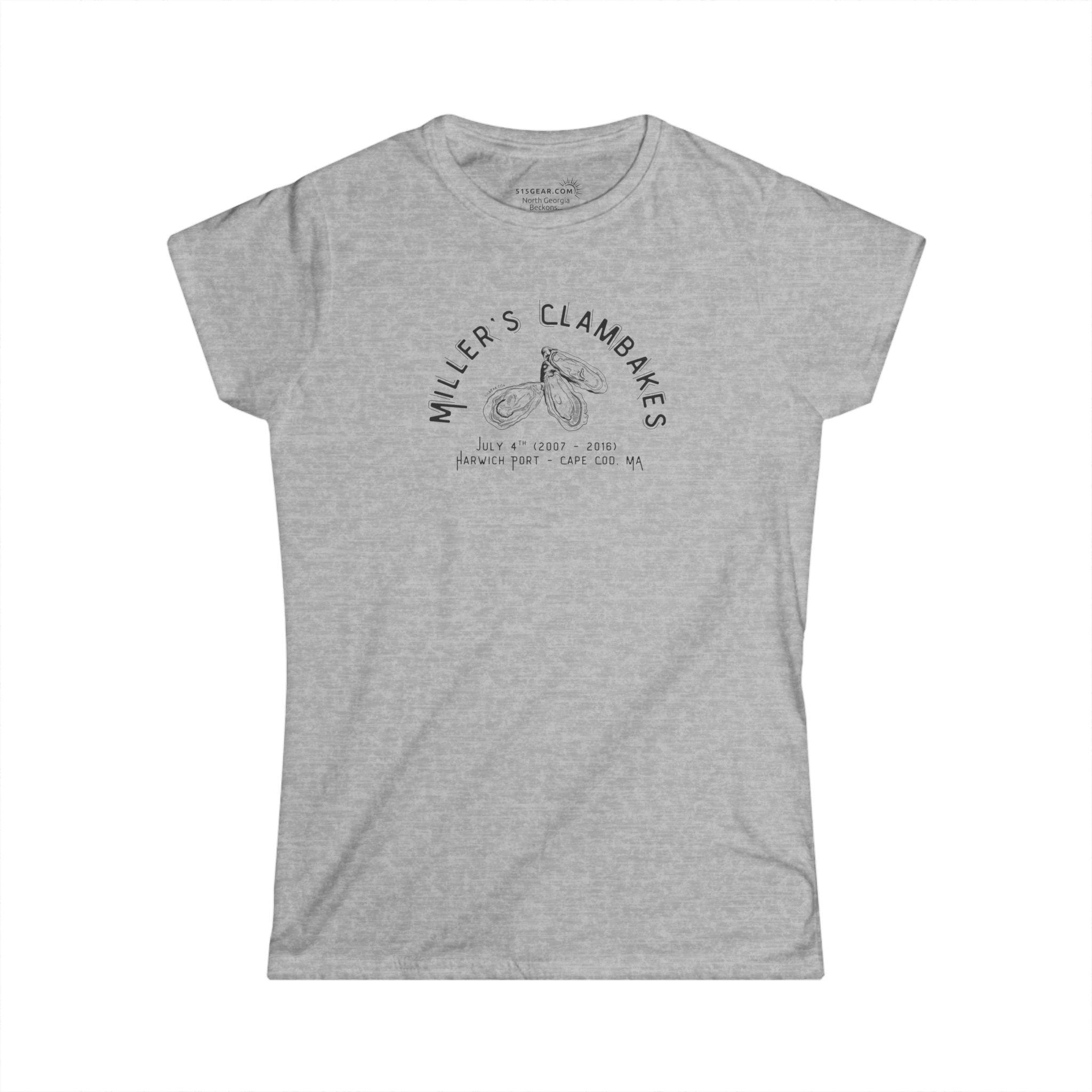 Gray t-shirt with Oyster shell graphic and text Miller's Clambakes