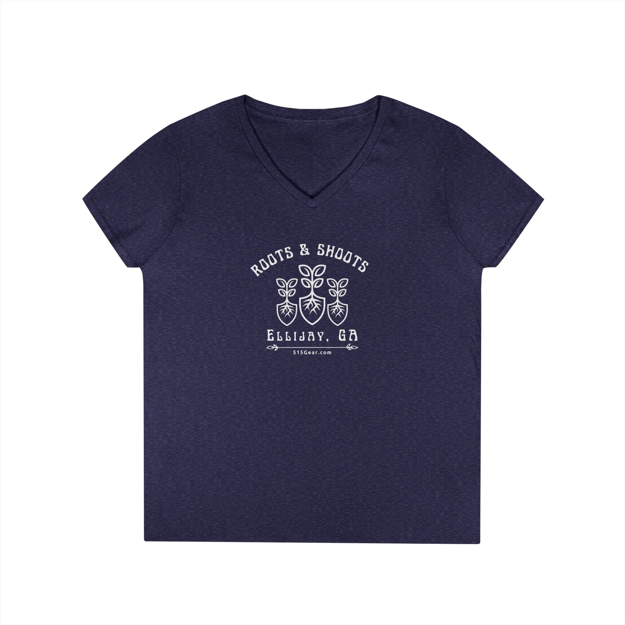 Women’s V-Neck T-shirt, Roots & Shoots, Garden shovel root leaf graphic, 515Gear.com | Ellijay, GA | celebrate gardening