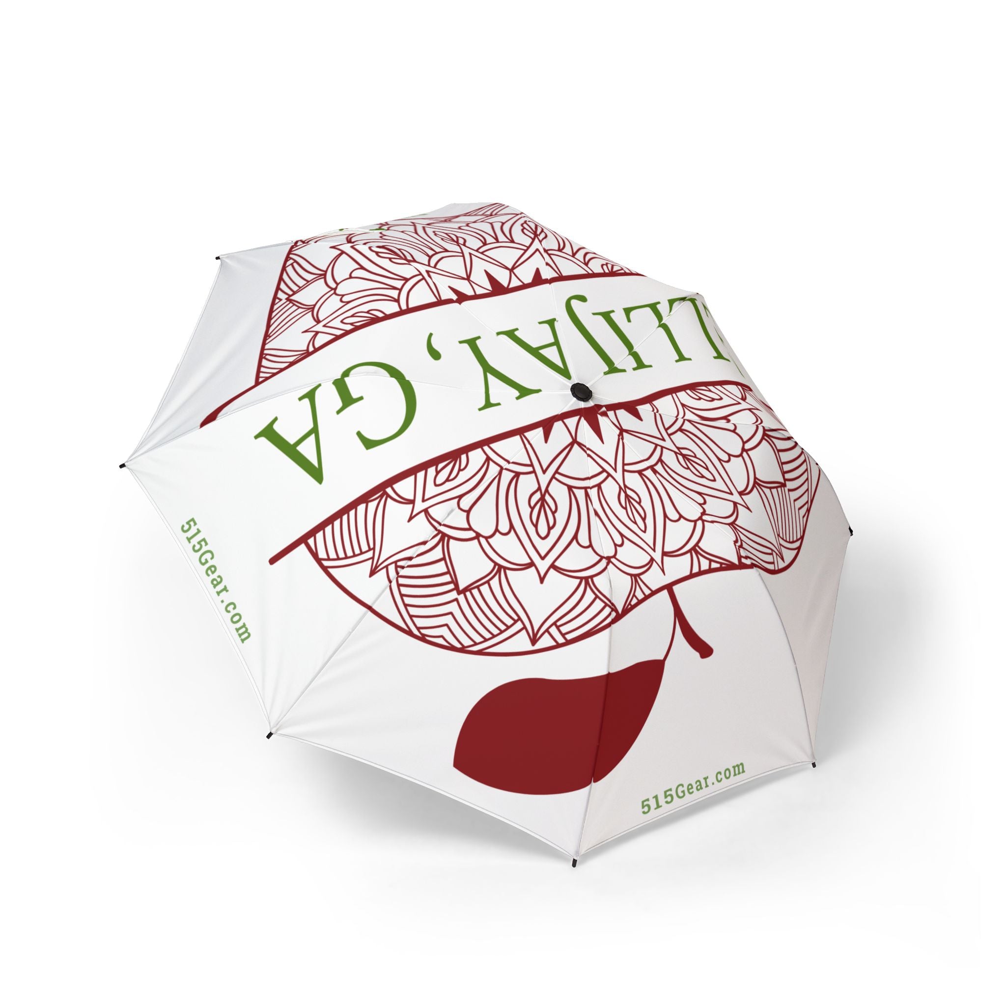 White umbrella with 'Ellijay, GA' text and decorative apple design by 515Gear.com