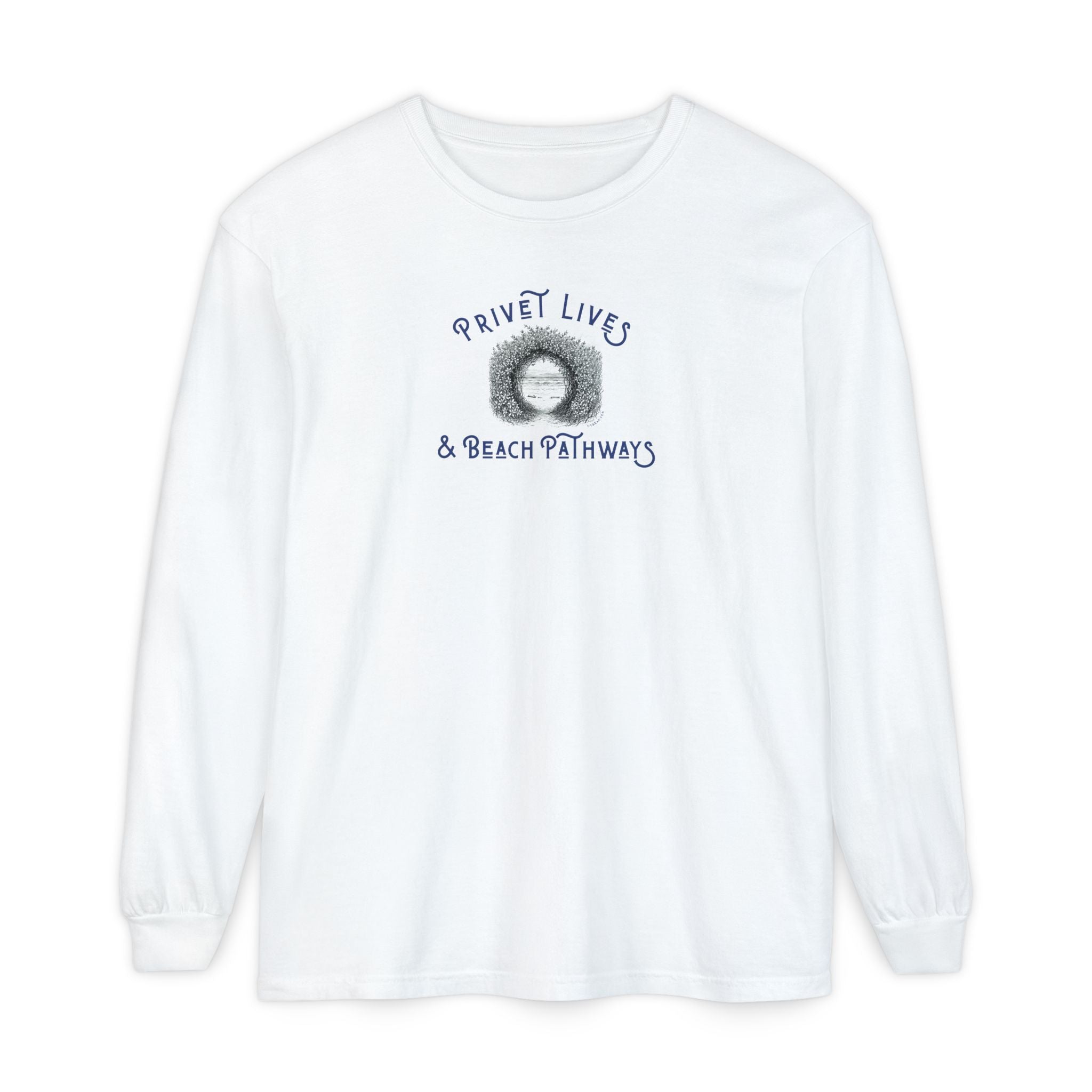 White unisex Comfort Colors® long‑sleeve tee with beach graphic and text "Privet Lives & Beach Pathways"