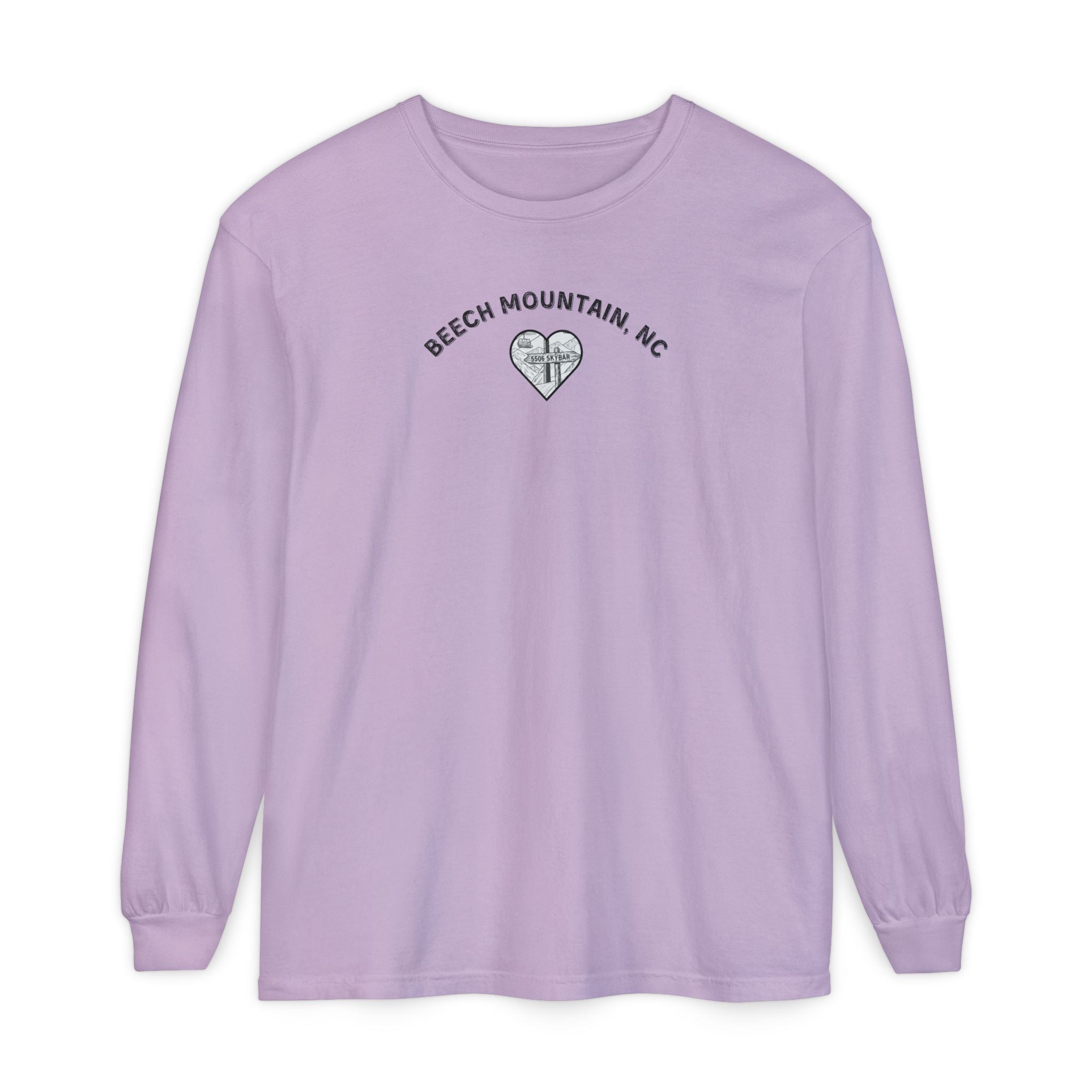 Lavender Comfort Colors® long-sleeve tee with a heart-shaped illustration of Beech Mountain’s slopes, chairlift, and sign pointing to 5506 Skybar