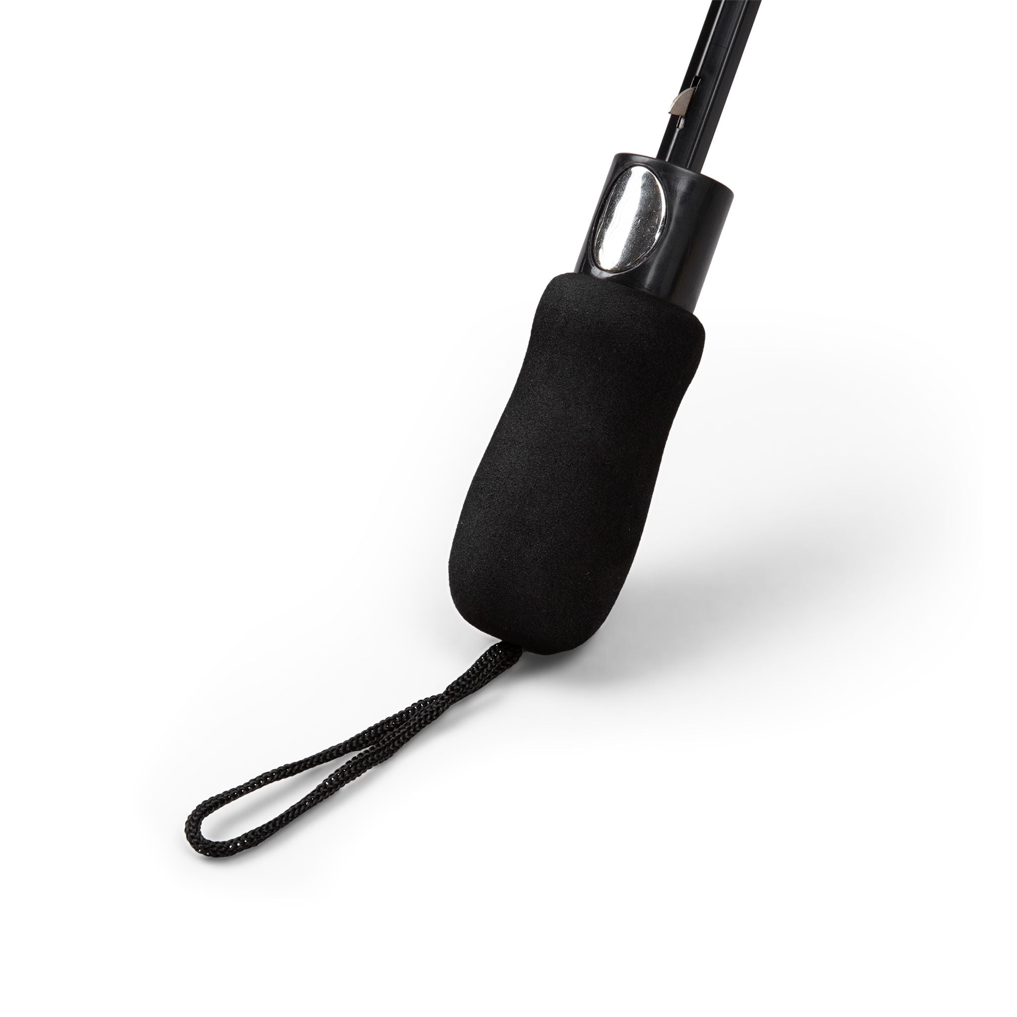 Black handle with a textured grip on a white background