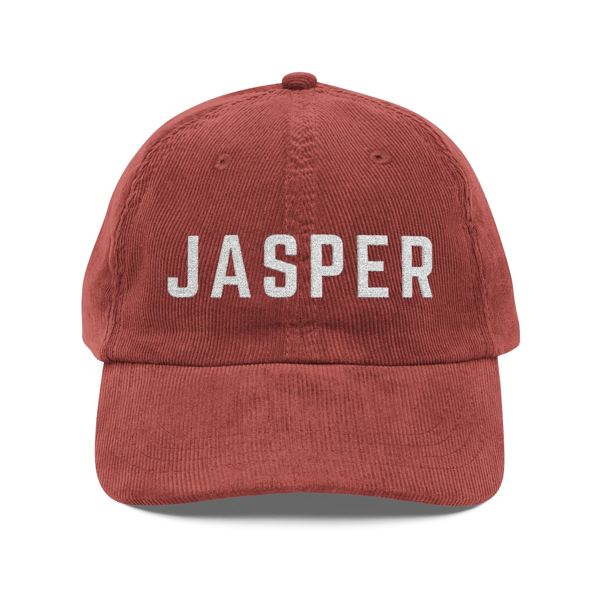 Burgundy Red corduroy hat with JASPER embroidered in white by 515Gear.com