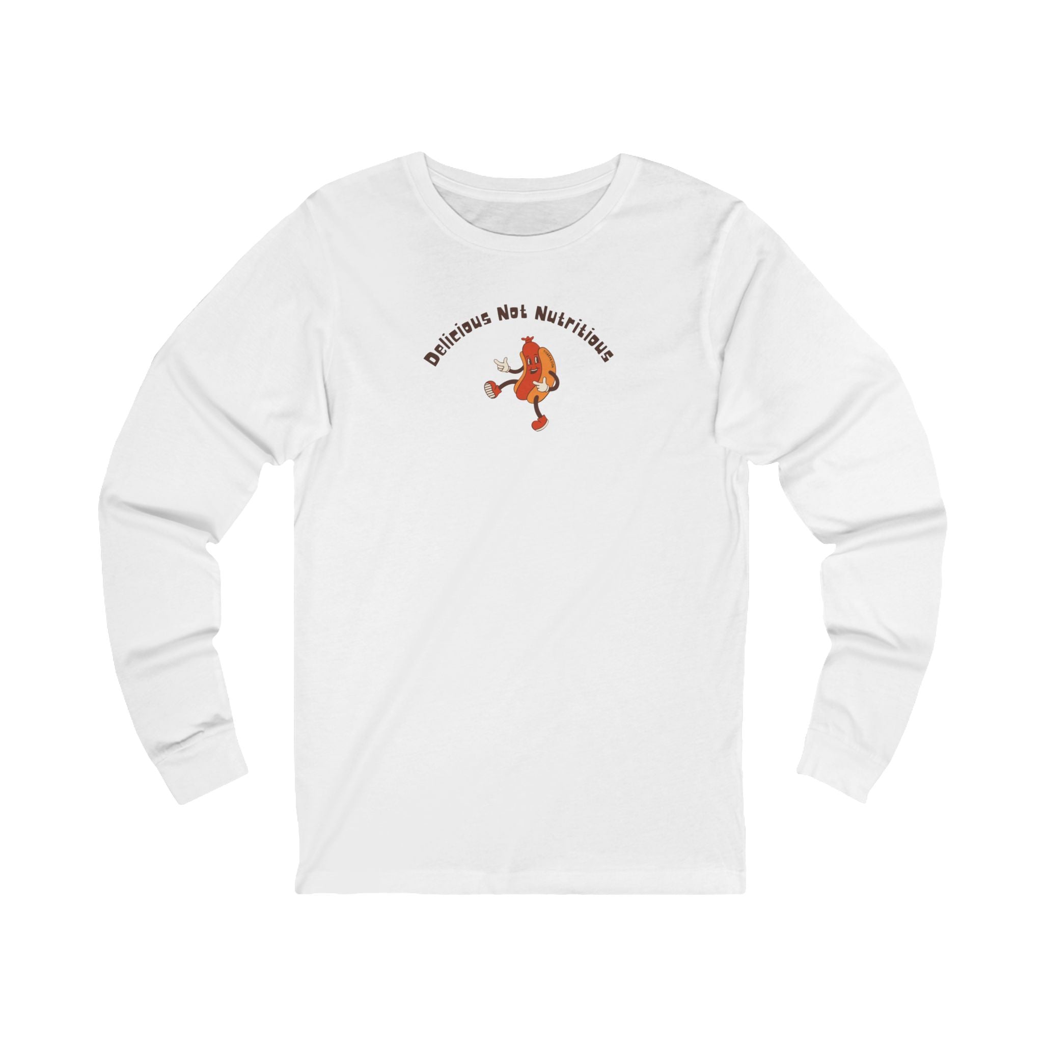 White long-sleeve shirt with a hotdog graphic and text "Delicious Not Nutritious"