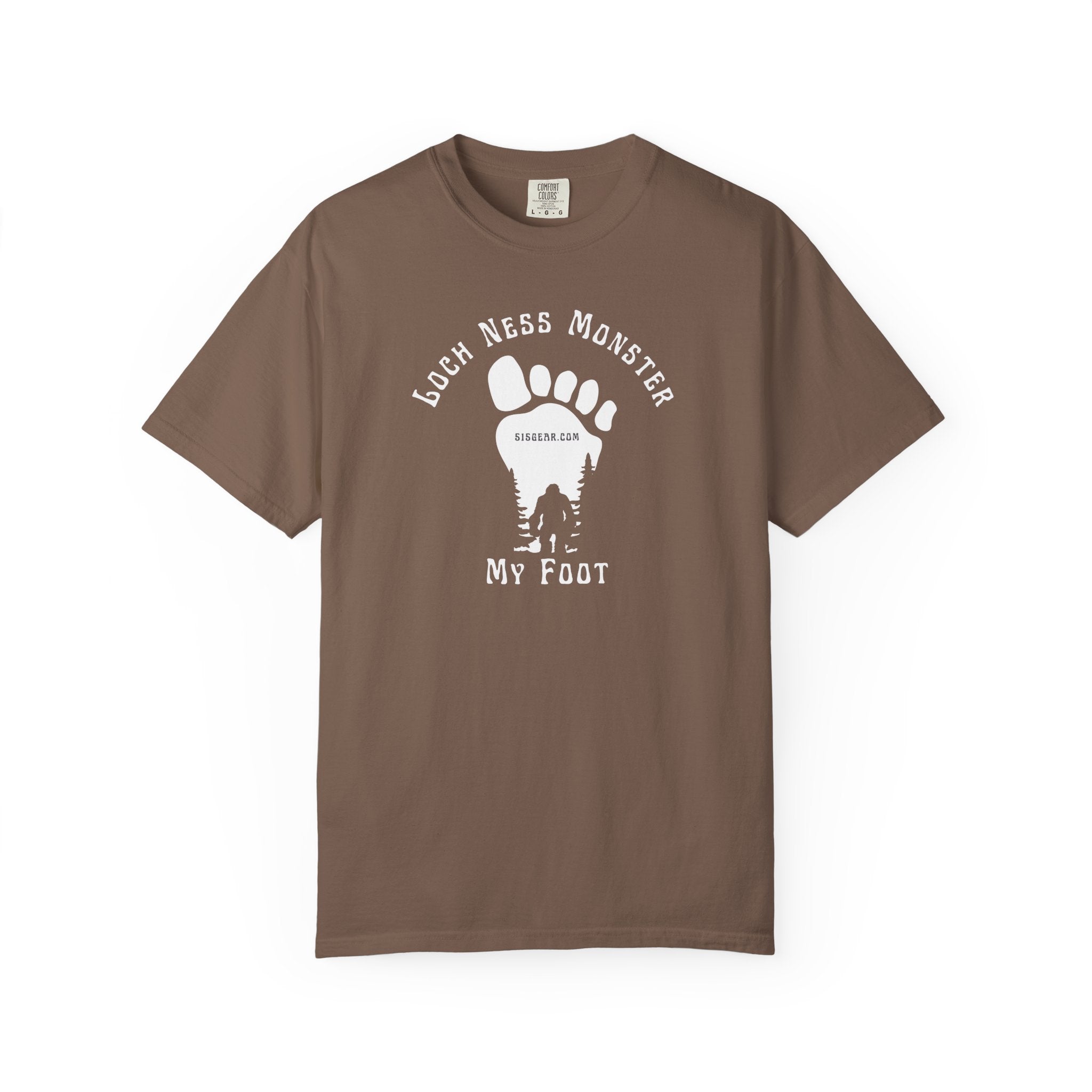 Comfort Colors brown t-shirt with black graphic of a foot with Big Foot inside and text "Loch Ness Monster My Foot" by 515Gear.com