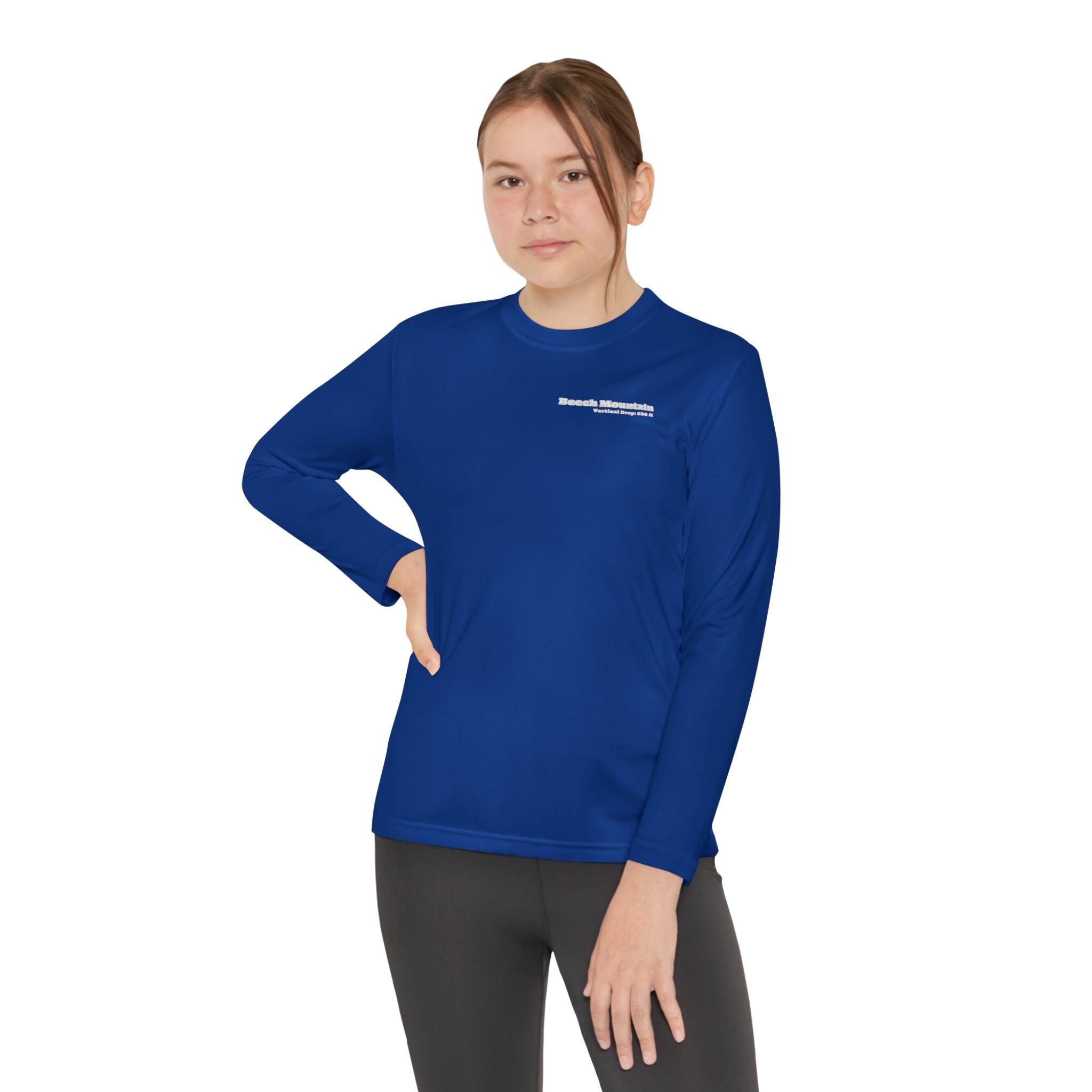 Girl wearing a blue long-sleeve performance t-shirt text "Little Ripper – Beech Mountain... Vertical Drop 830 ft" with snowboard graphic