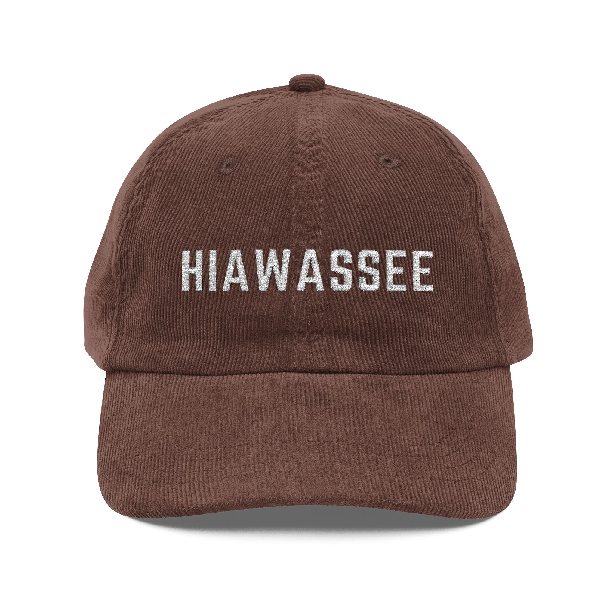 Brown corduroy hat with Hiawassee embroidered in white by 515Gear.com