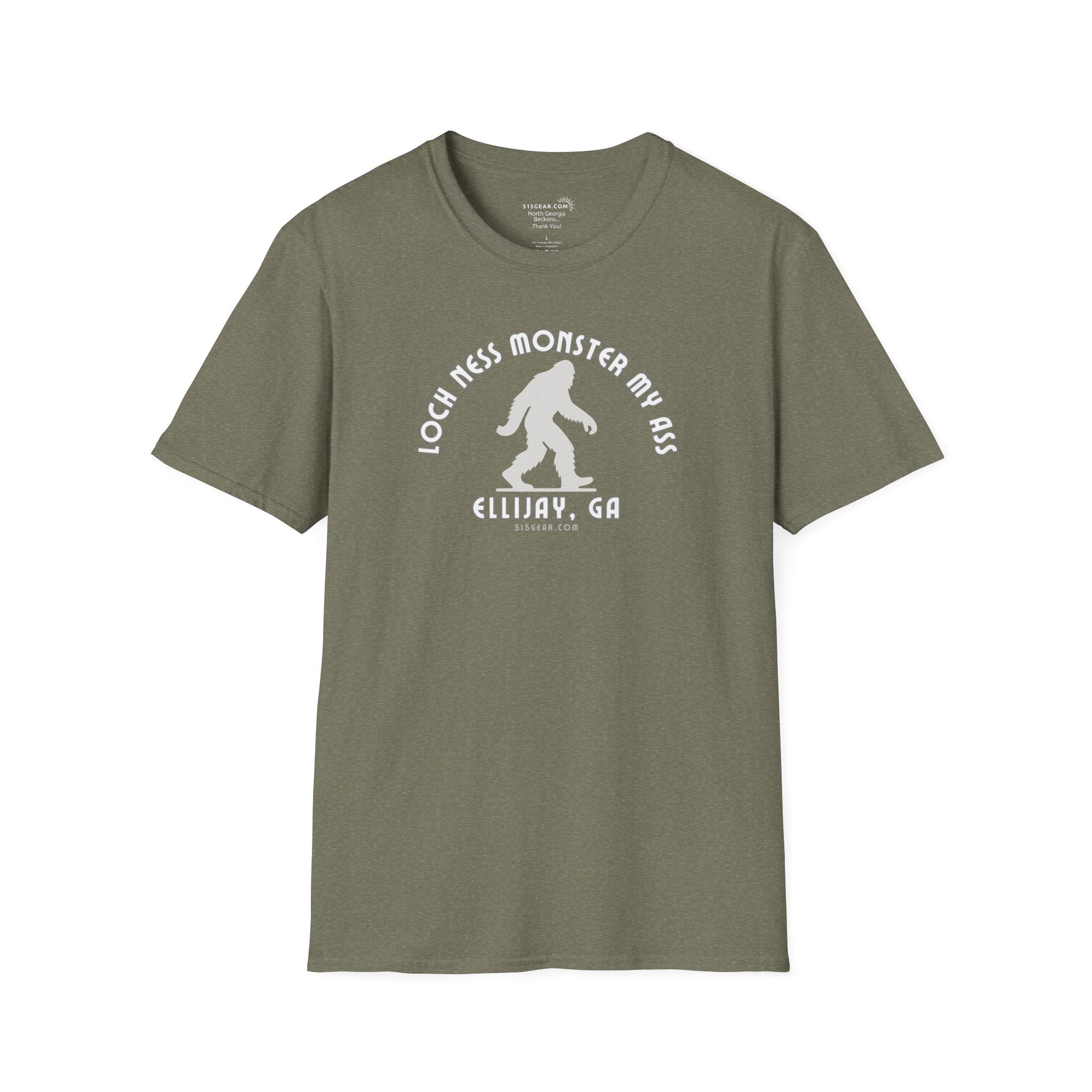 Unisex Bigfoot T-shirt with 'Loch Ness Monster My Ass’ text Ellijay GA funny cryptid graphic by 515 Gear