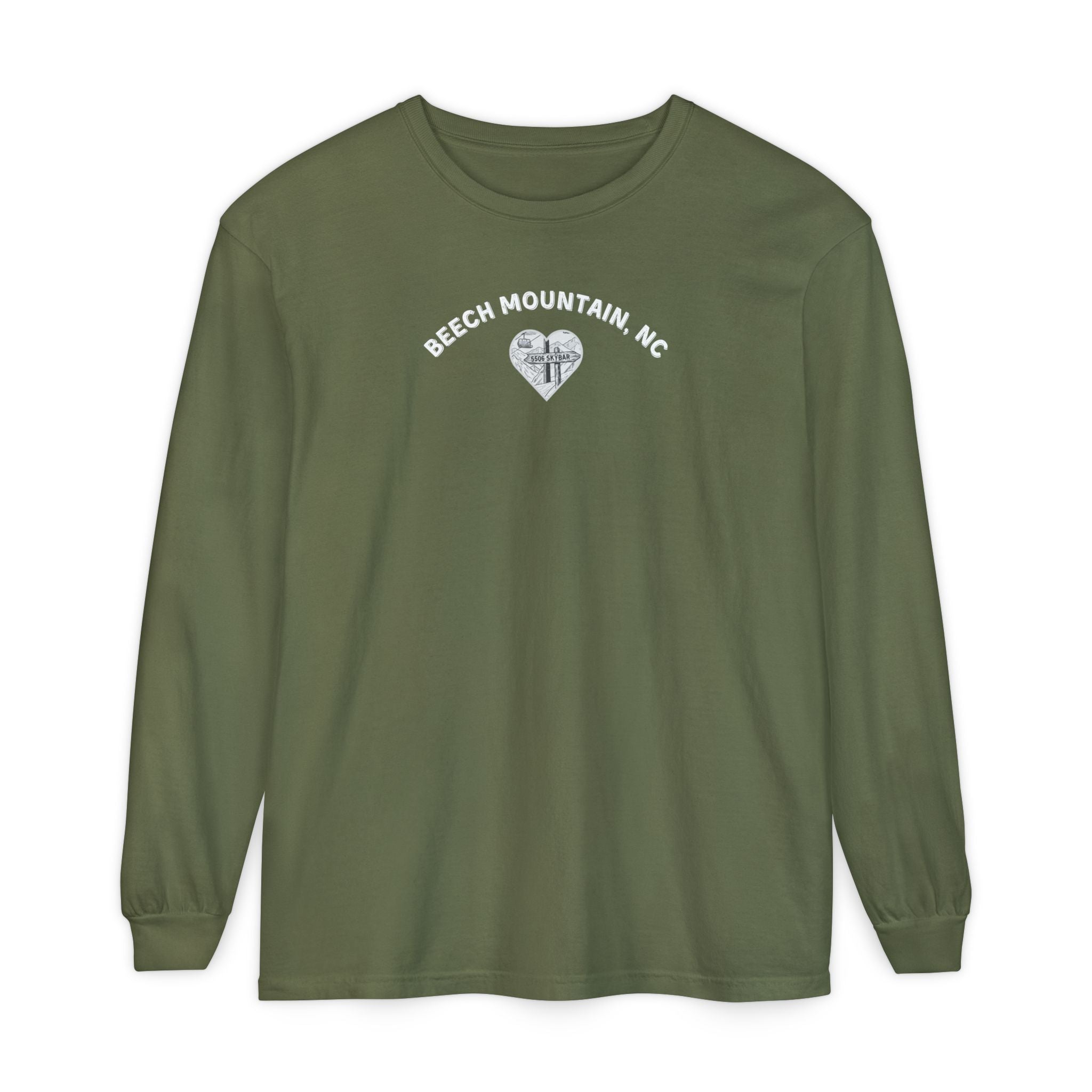 Green Comfort Colors® long-sleeve tee with a heart-shaped illustration of Beech Mountain’s slopes, chairlift, and sign pointing to 5506 Skybar