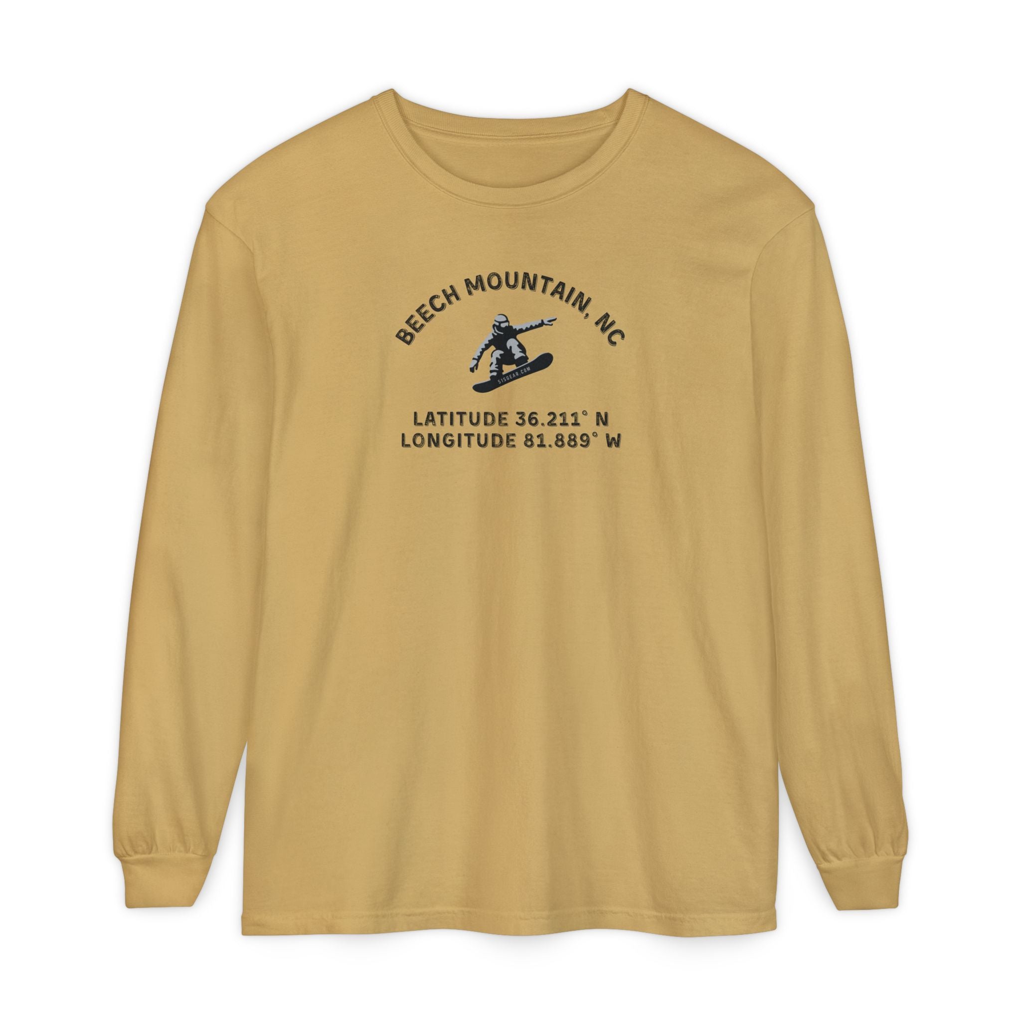 Mustard long sleeve tee with Snowboarder mid-air and text 'Beech Mountain, NC Latitude 36.211' N Longitude 81.889' W