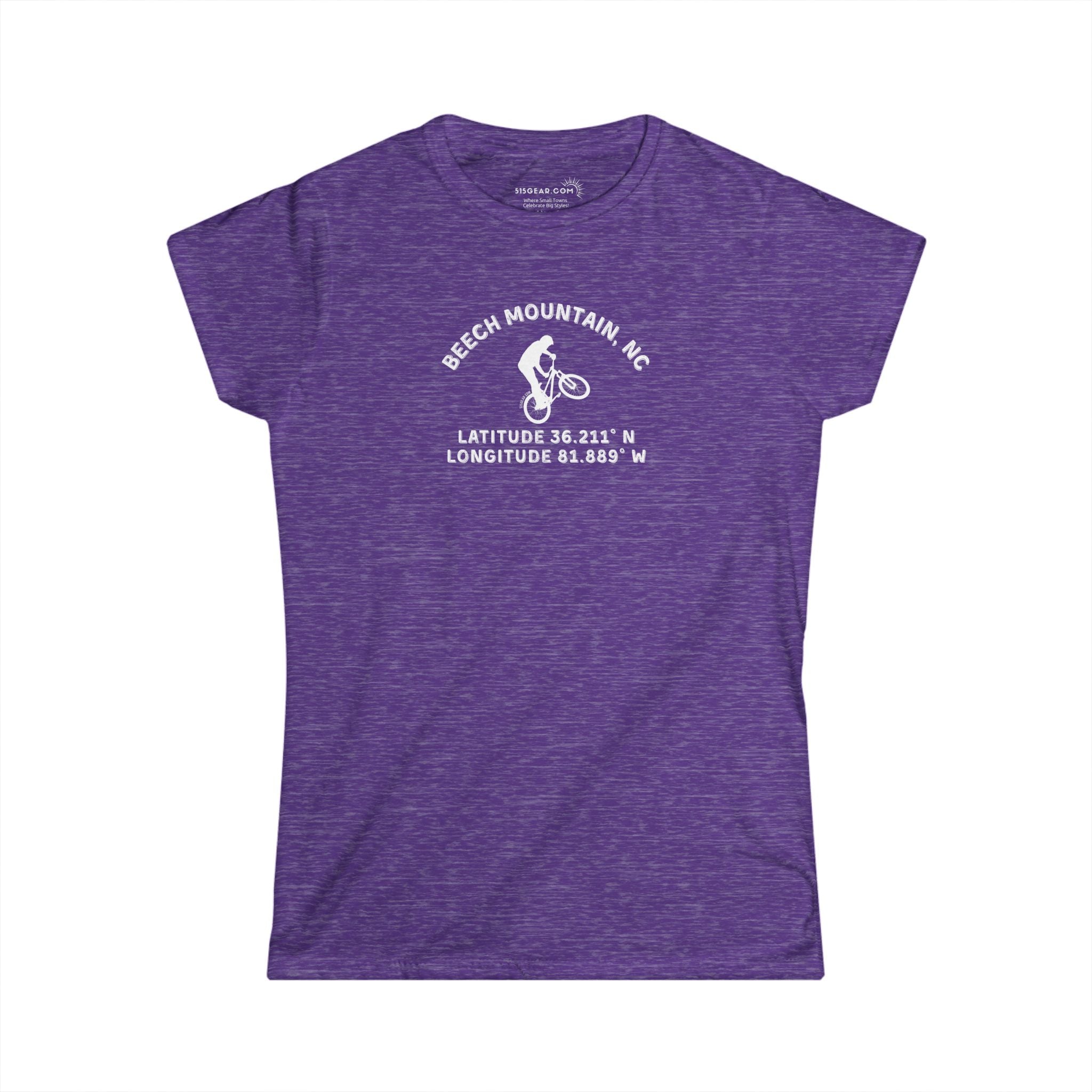 Purple women's semi fitted t-shirt with mountain bike graphic and text "Beech Mountain, NC - Latitude and Longitude" coordinates