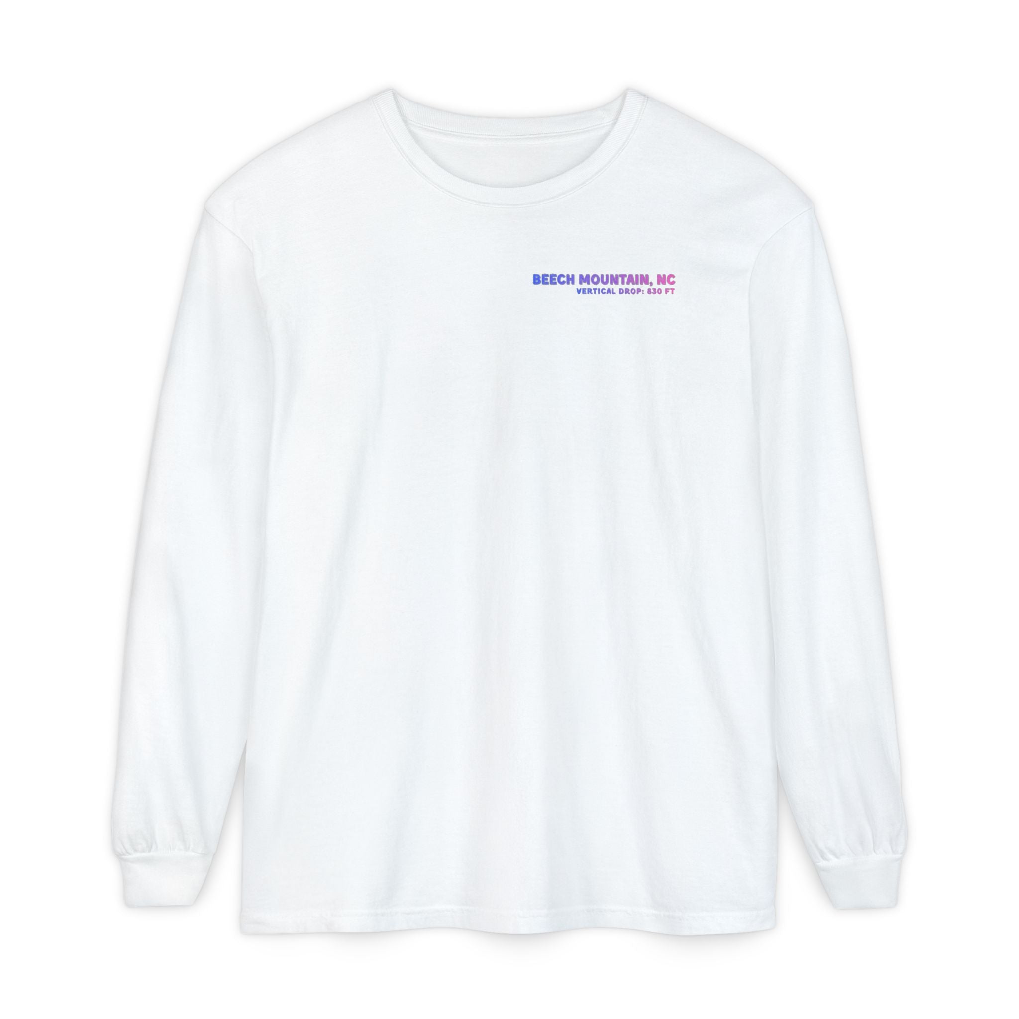 White long-sleeve Comfort Color t-shirt with text Beech Mountain NC Vertical Drop 830 ft