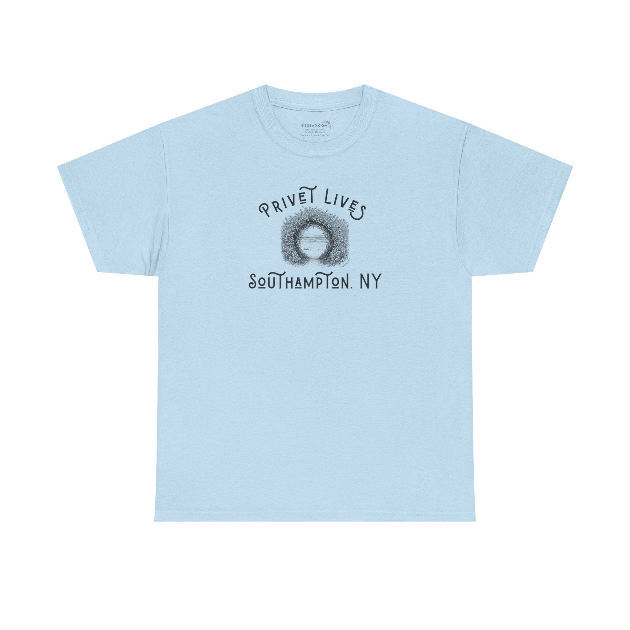 Light blue t-shirt with privet beach pathway illustration and text "Privet Lives - Southampton, NY"