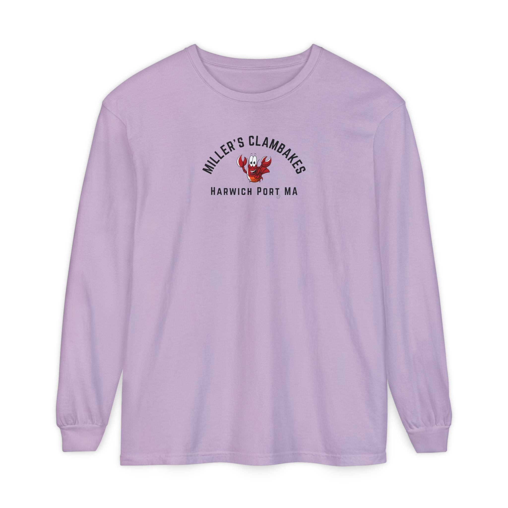 Purple long-sleeve shirt with a happy lobster graphic and text "Miller's Clambakes Harwich Port, MA"