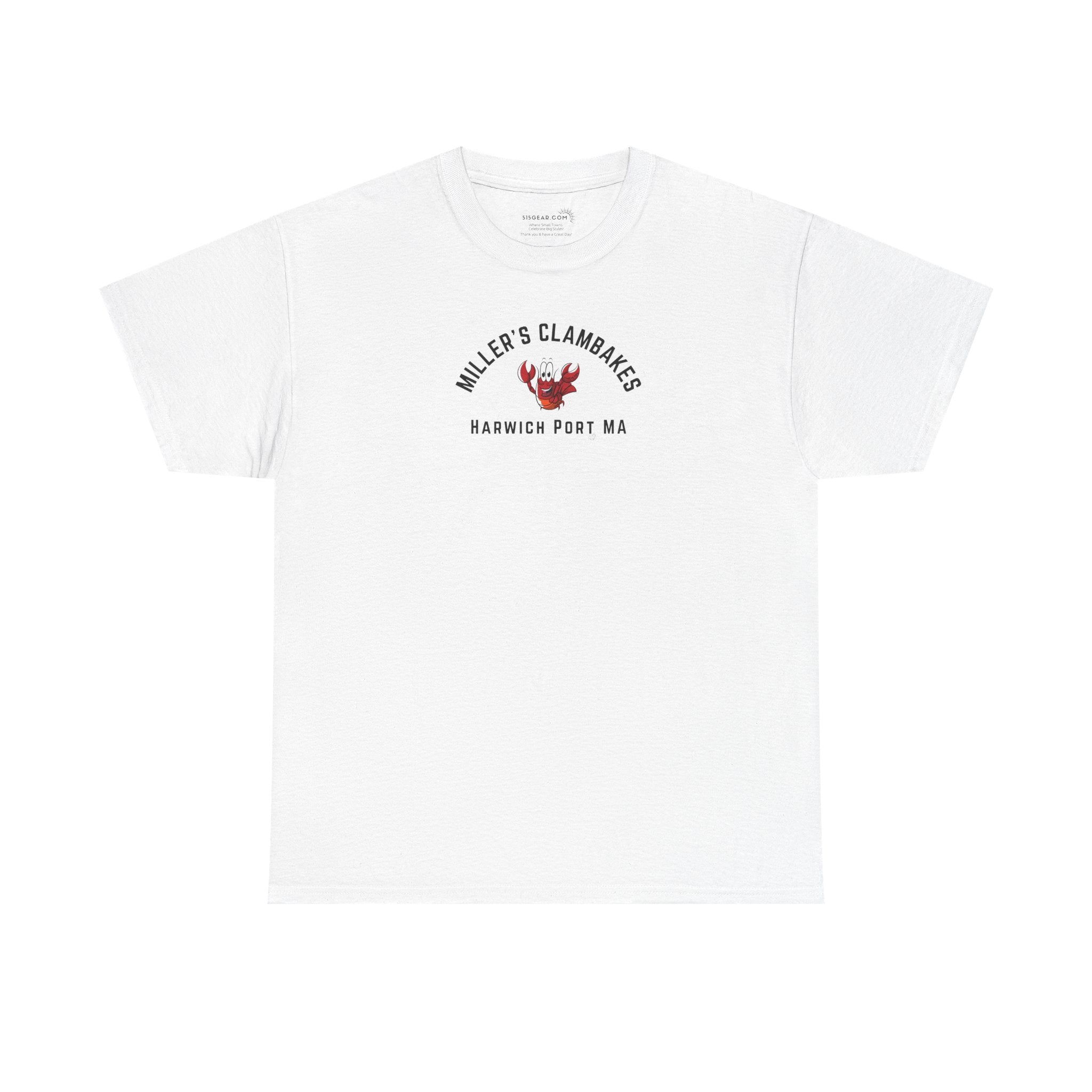 White t-shirt with happy lobster graphic and text 'Miller's Clambakes Harwich Port, MA'