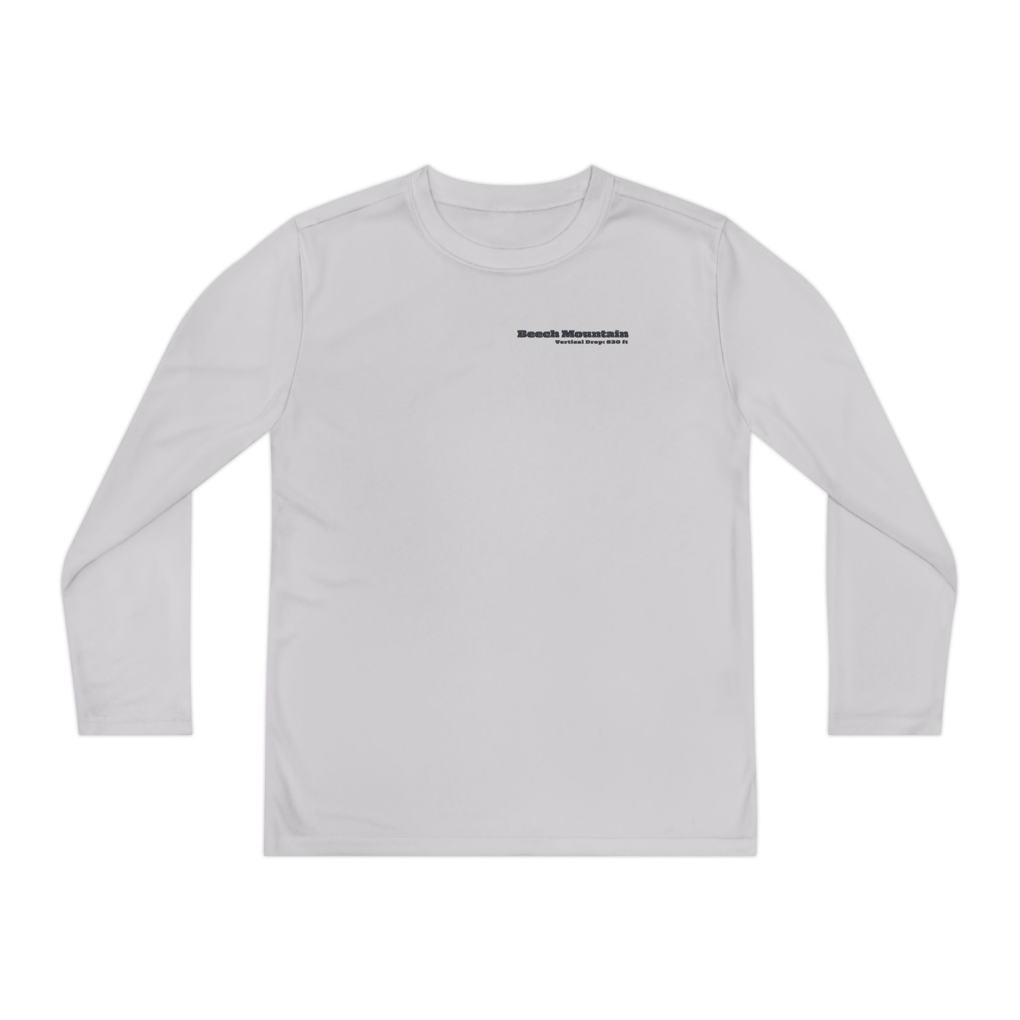 White long-sleeve performance tee with text "Beech Mountain, Vertical Drop: 830 ft" on the front