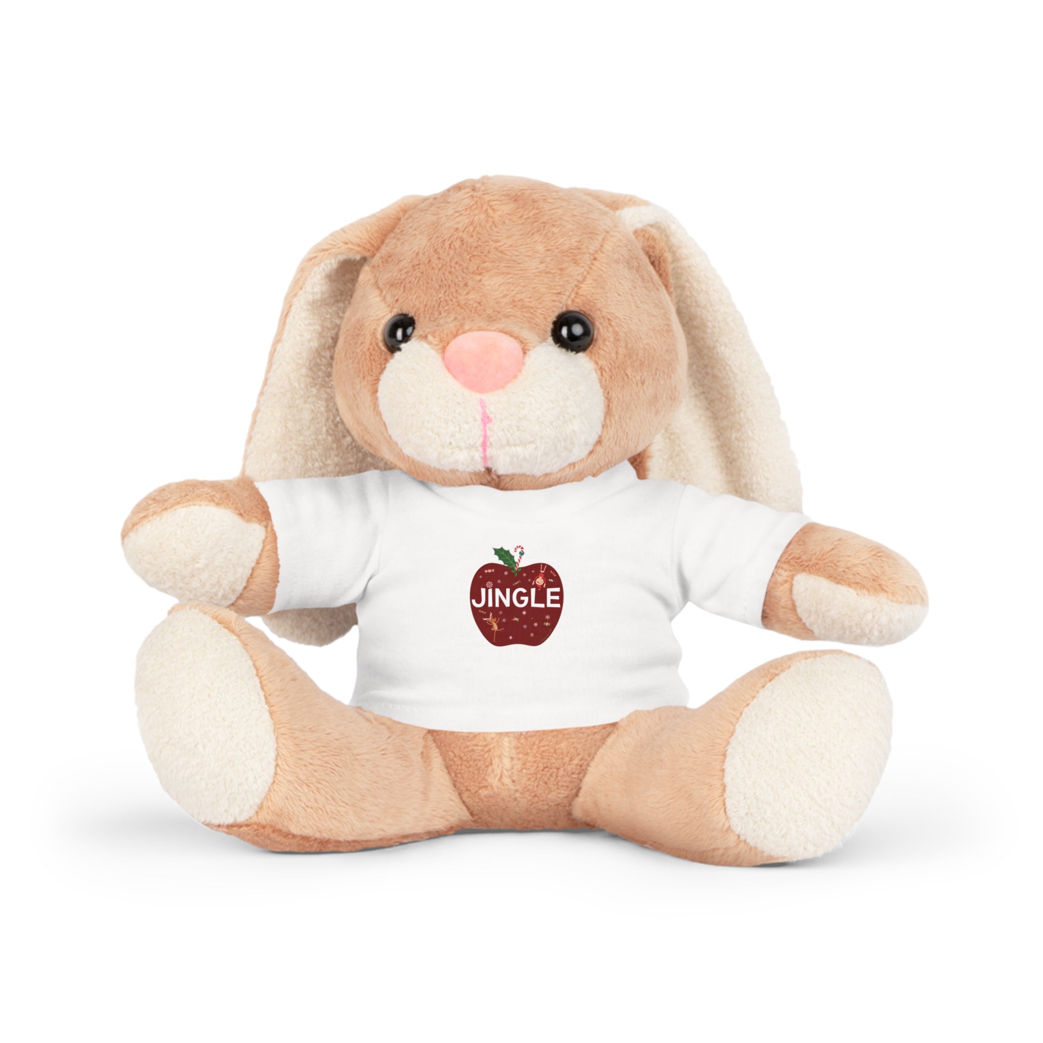 Plush bunny wearing a white shirt with 'JINGLE' text on an apply with white background