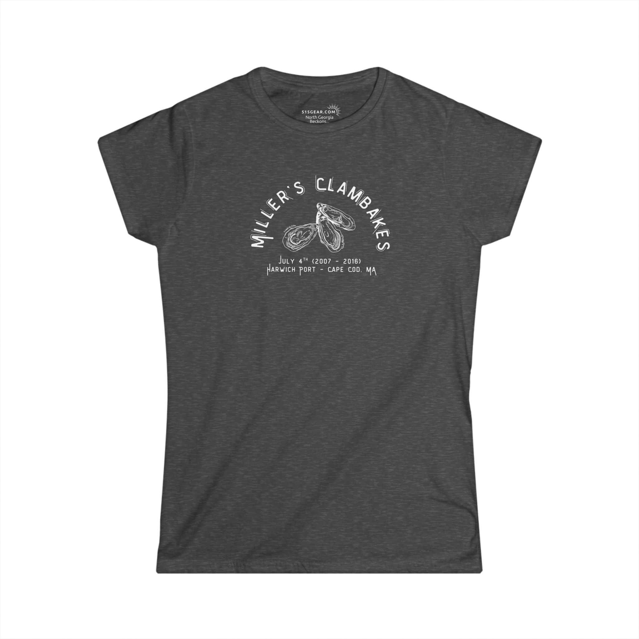 Dark gray t-shirt with Oyster shell graphic and text Miller's Clambakes
