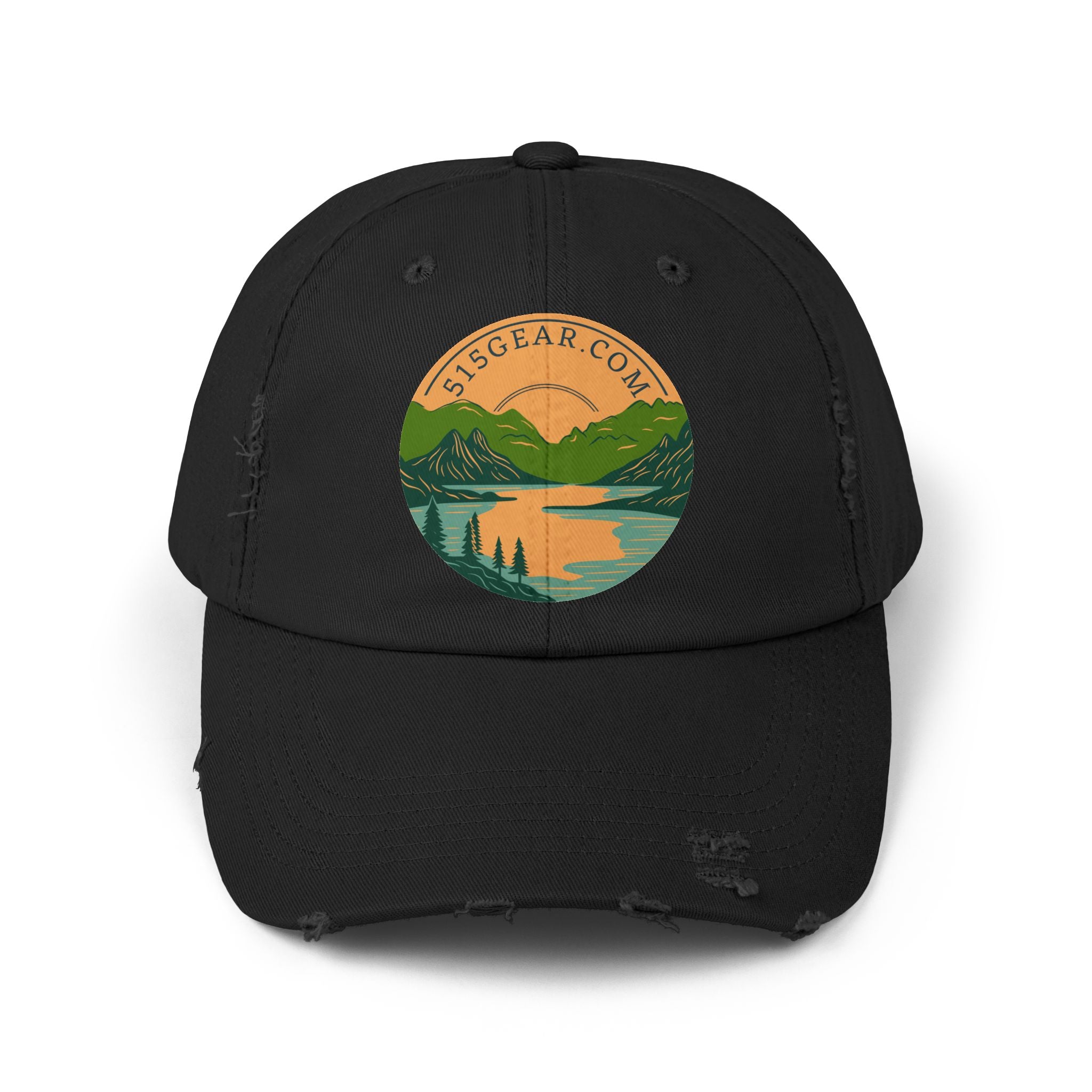 Distressed Baseball cap, 515 Gear Adventure Awaits Logo | by 515Gear.com | Come sit by the lake!