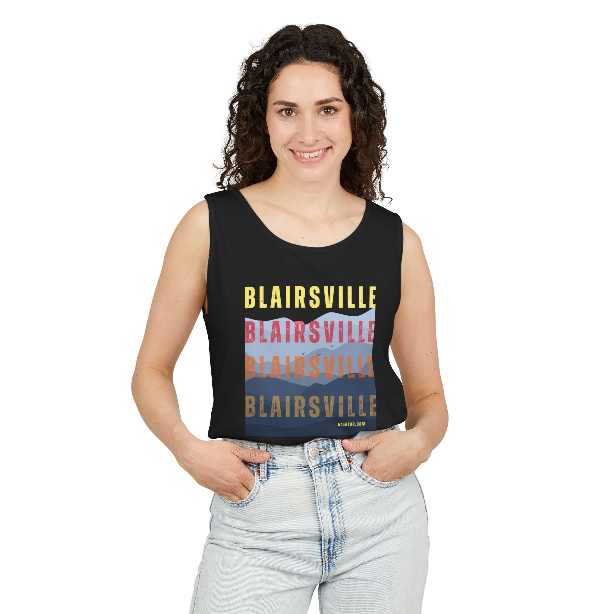unisex tank-top, Blairsville mountain skyline graphic, by 515 Gear | Blairsville GA | soft cotton tank perfect for casual hikes and workouts