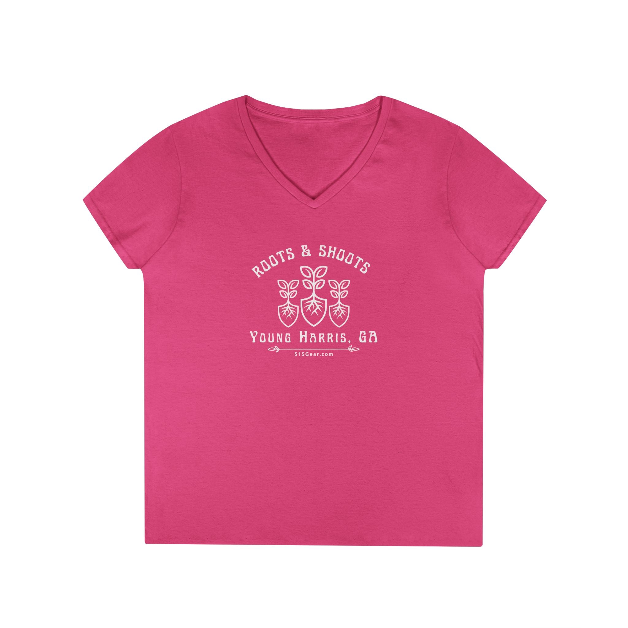 Women’s V-Neck T-shirt, Roots & Shoots, Garden shovel root leaf graphic, 515Gear.com | Young Harris, GA | gardening shirt