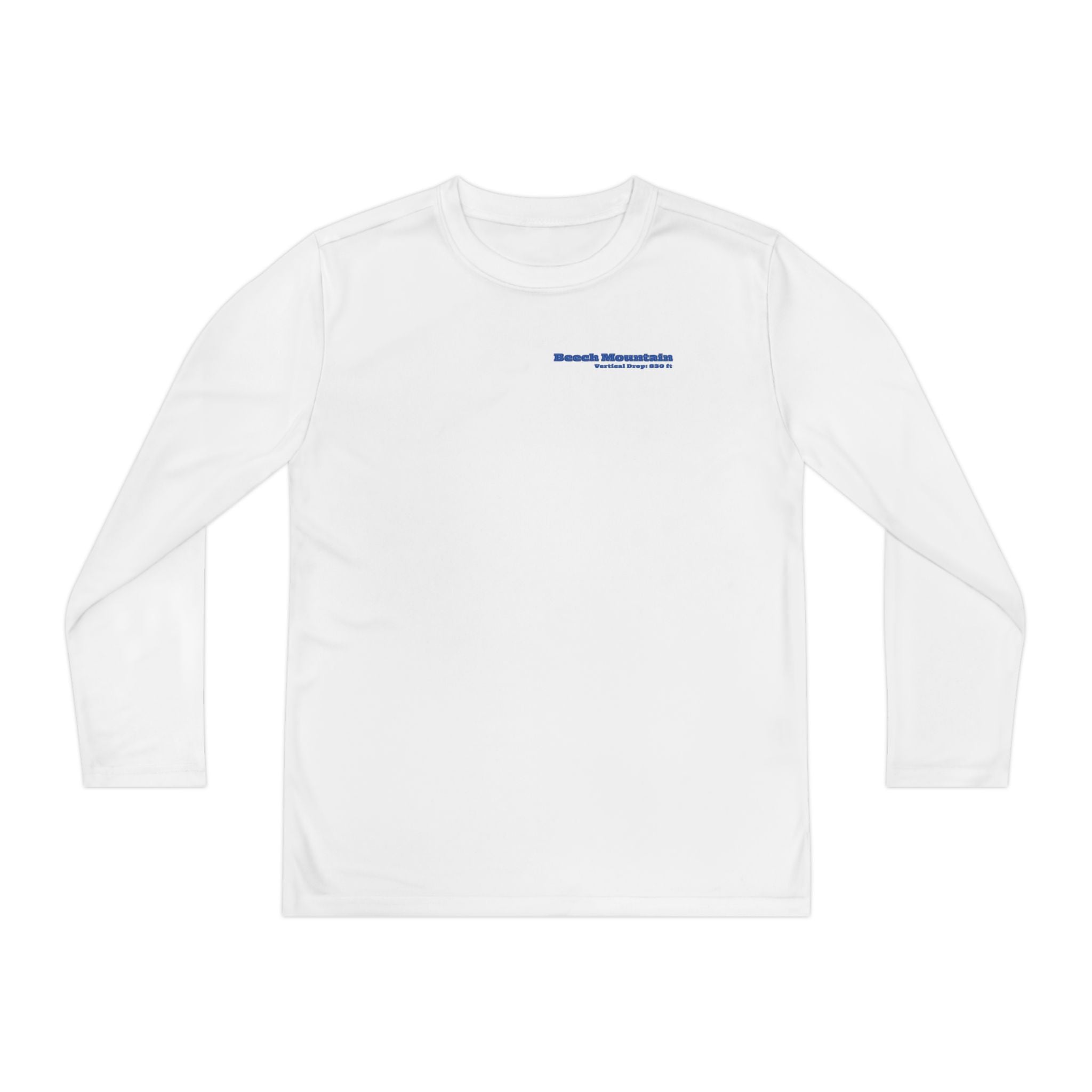 White long-sleeve shirt performance t-shirt text "Little Ripper – Beech Mountain... Vertical Drop 830 ft" with snowboard graphic