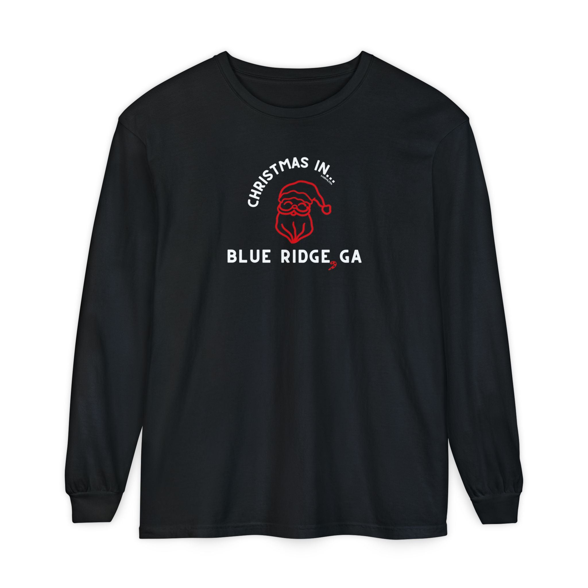 Black Comfort Colors long-sleeve shirt with Santa and text "Christmas in Blue Ridge, GA"
