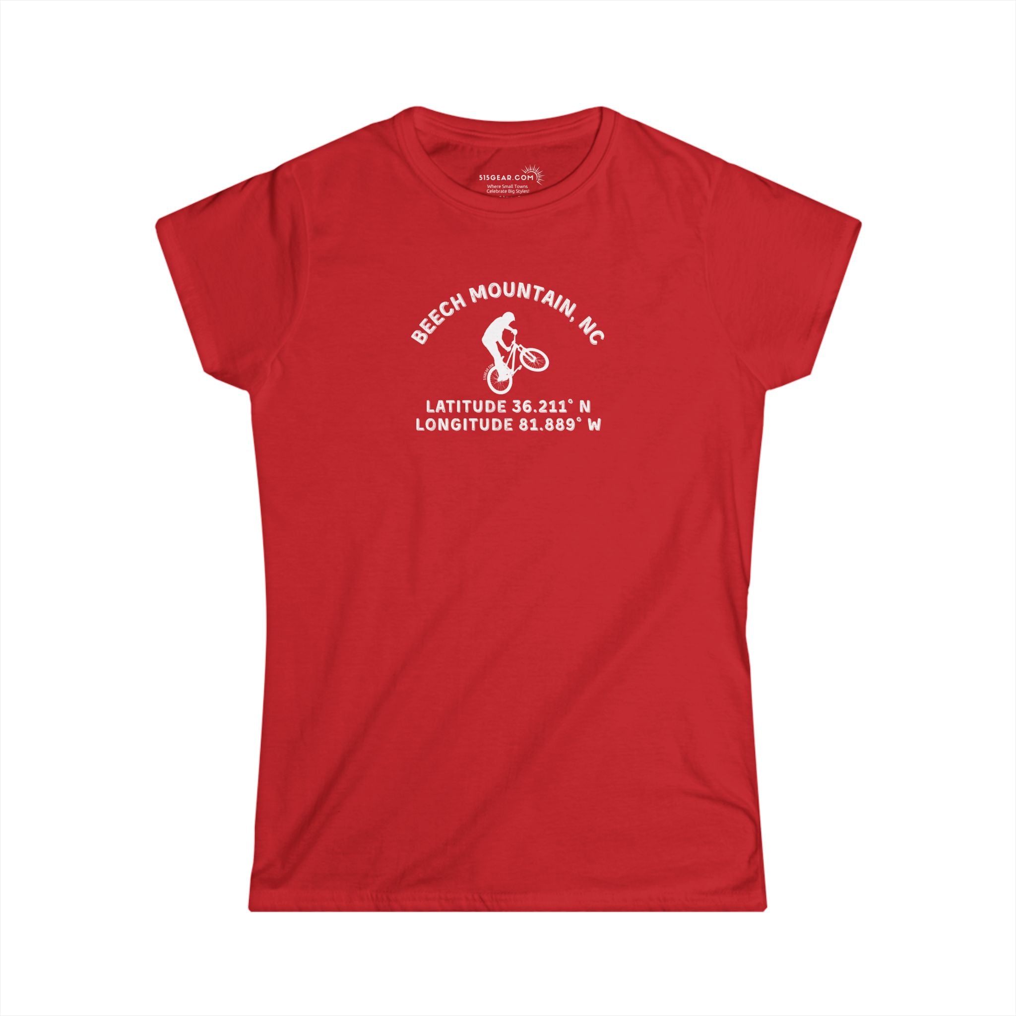 Red women's semi fitted t-shirt with mountain bike graphic and text "Beech Mountain, NC - Latitude and Longitude" coordinates