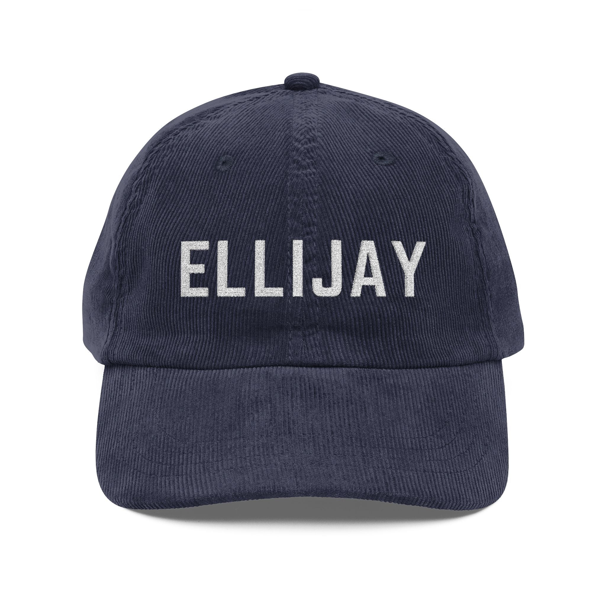 Navy blue corduroy hat with ELLIJAY embroidered in white by 515Gear.com